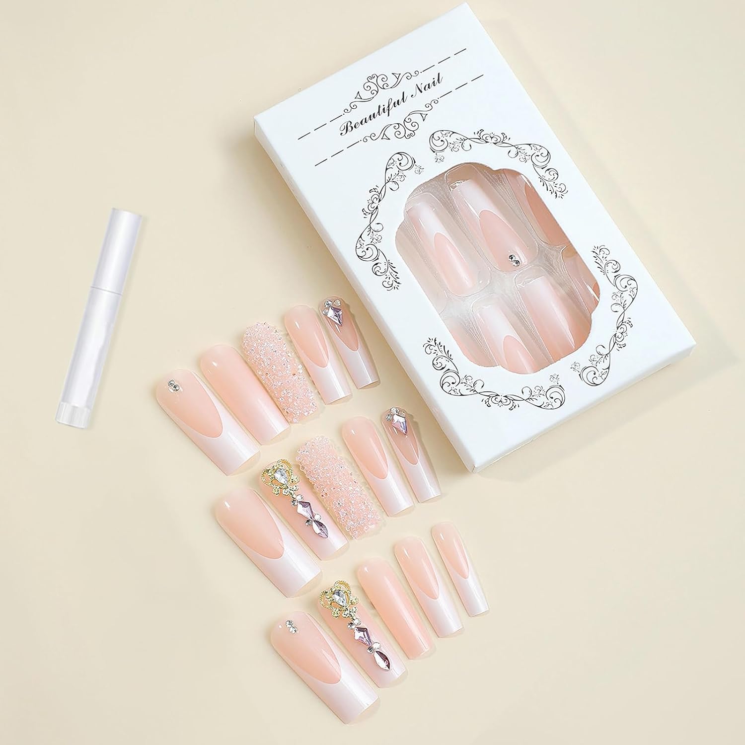 MISUD Press on Nails Long Square Fake Nails Glossy Glue on Nails White French Tip Acrylic Nails Squoval Artificial Nails Rhinestone Stick on False Nails with Bling Glitter Design 24 pcs - Image 4