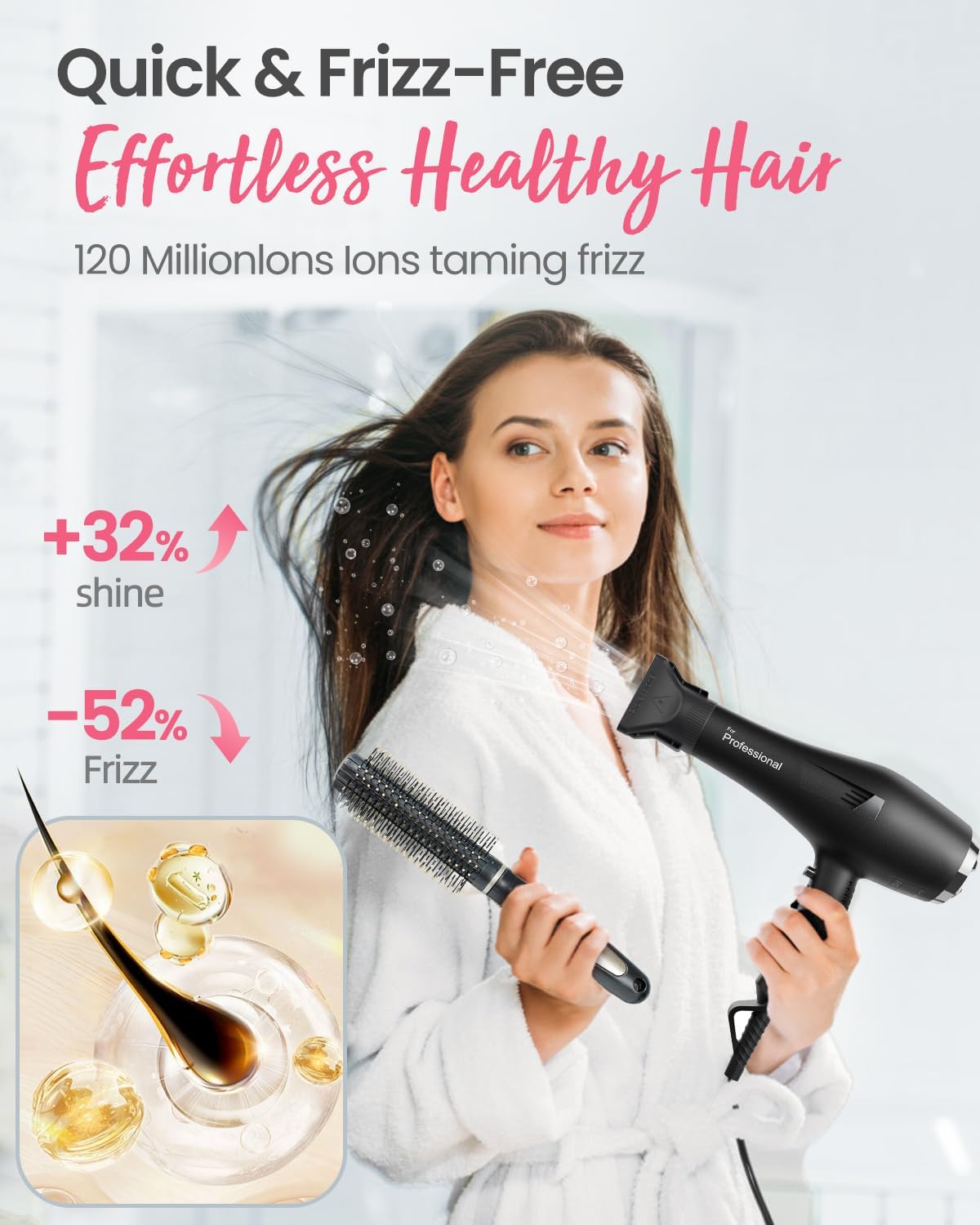 Professional Ionic Hair Dryer AC Motor Fast Drying Salon Blow Dryer with Diffuser, Comb, Nozzle, Concentrator, for Curly and Straight Hair, 2 Speed & 3 Heat Setting, Cool Button, Black - Image 3