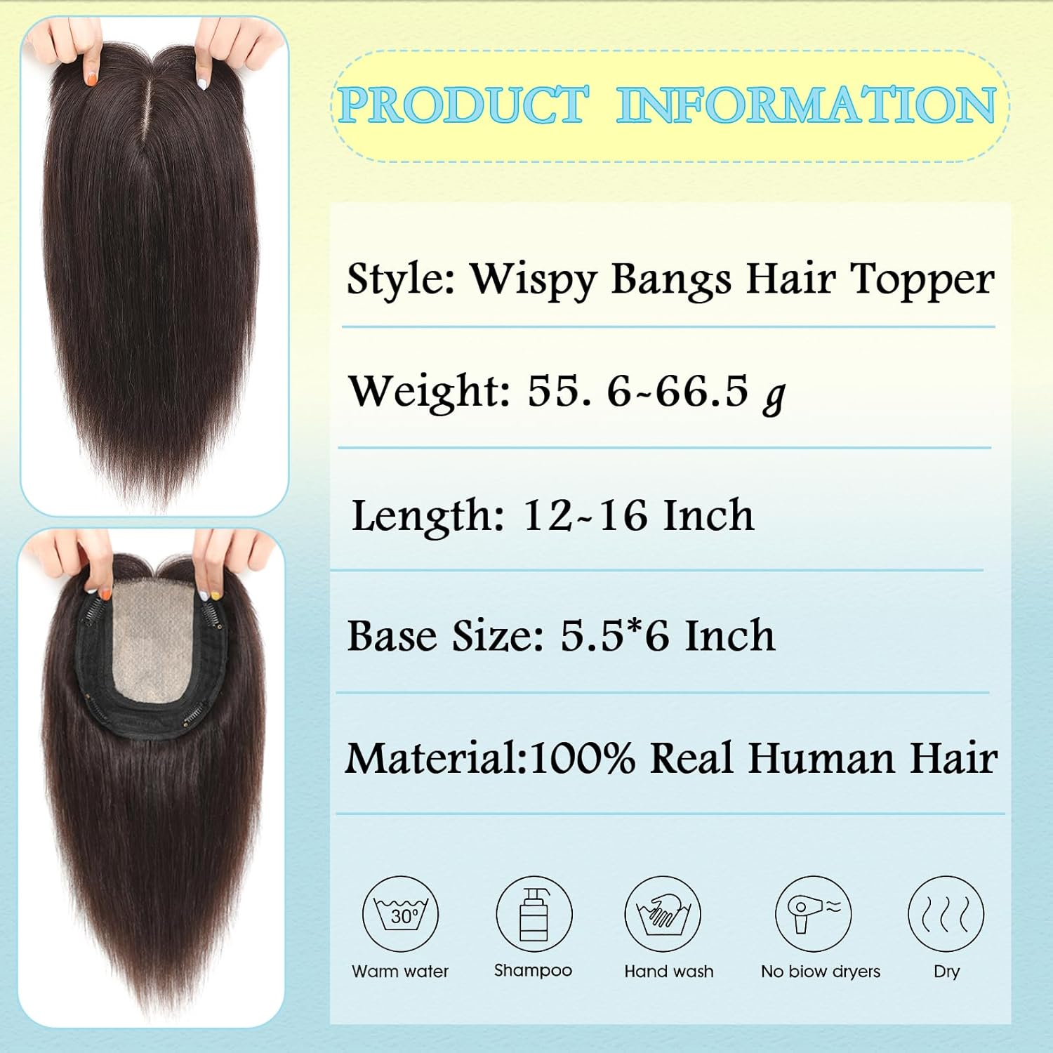Hair Toppers for Women Real Human Hair, 360° 3D Toppers Hairpieces for Women with Thinning Crown Wispy Clip in Bangs 12 Inch Upgrade Big Base (Dark Brown, 12 Inch Wispy Bangs) - Image 2