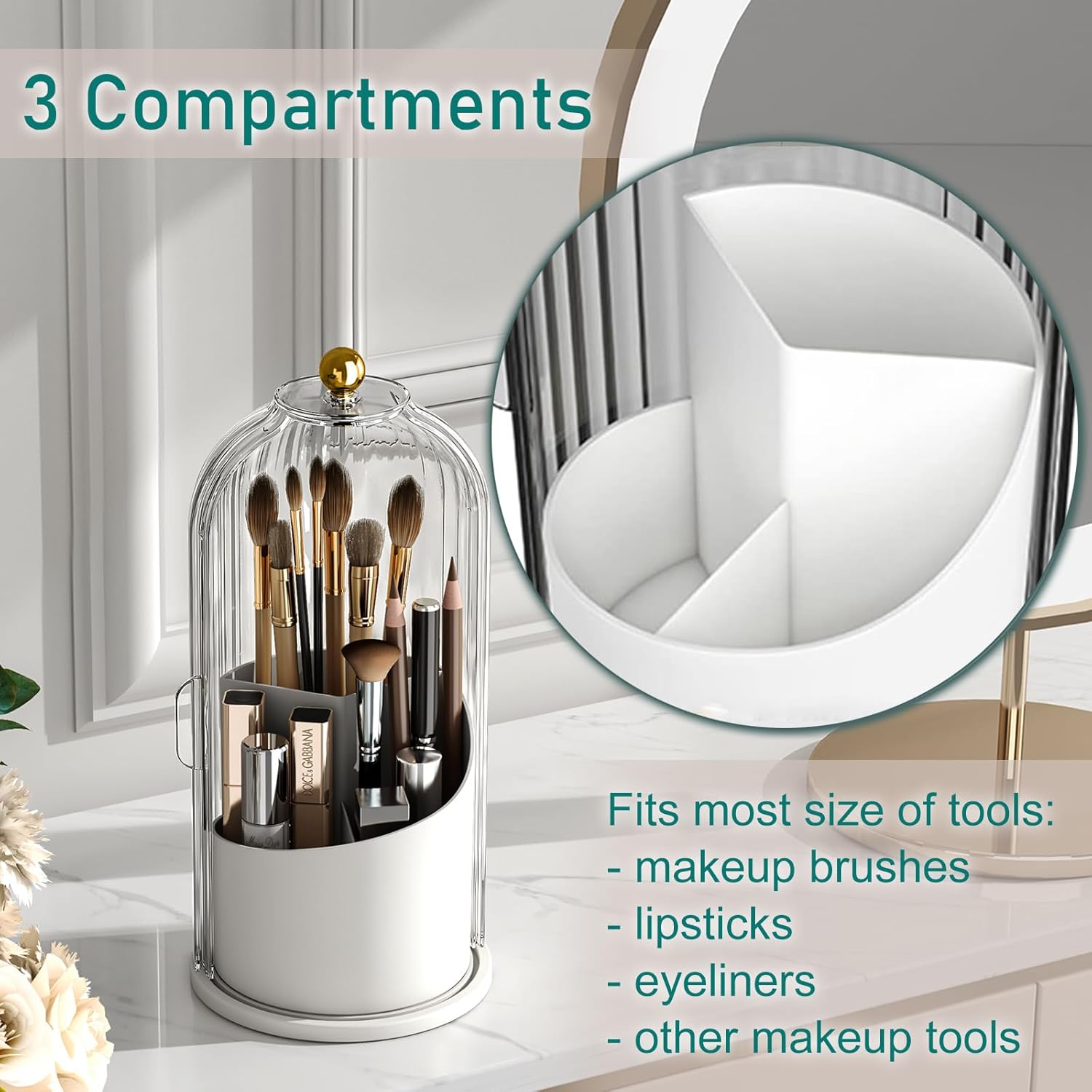 GAXmi Makeup Brush Holder with Lid Cosmetic Tools Organizer 360 Rotating Waterproof Dustproof Beauty Brushes Storage for Vanity, Transparent - Image 3