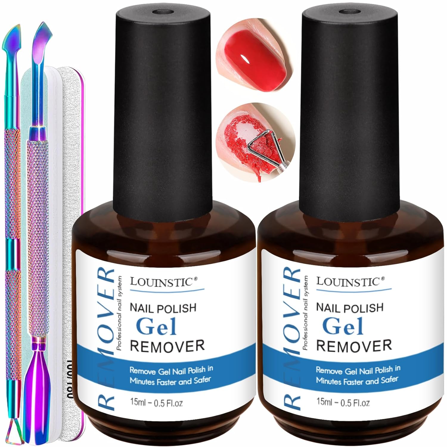 Gel Nail Polish Remover-2pcs with Nail Steel Pusher, Scraper and 2 Pieces Nail File, Quickly Remove Gel Polish in 2-5 Minutes at Home, No Need to Wrap and Soak