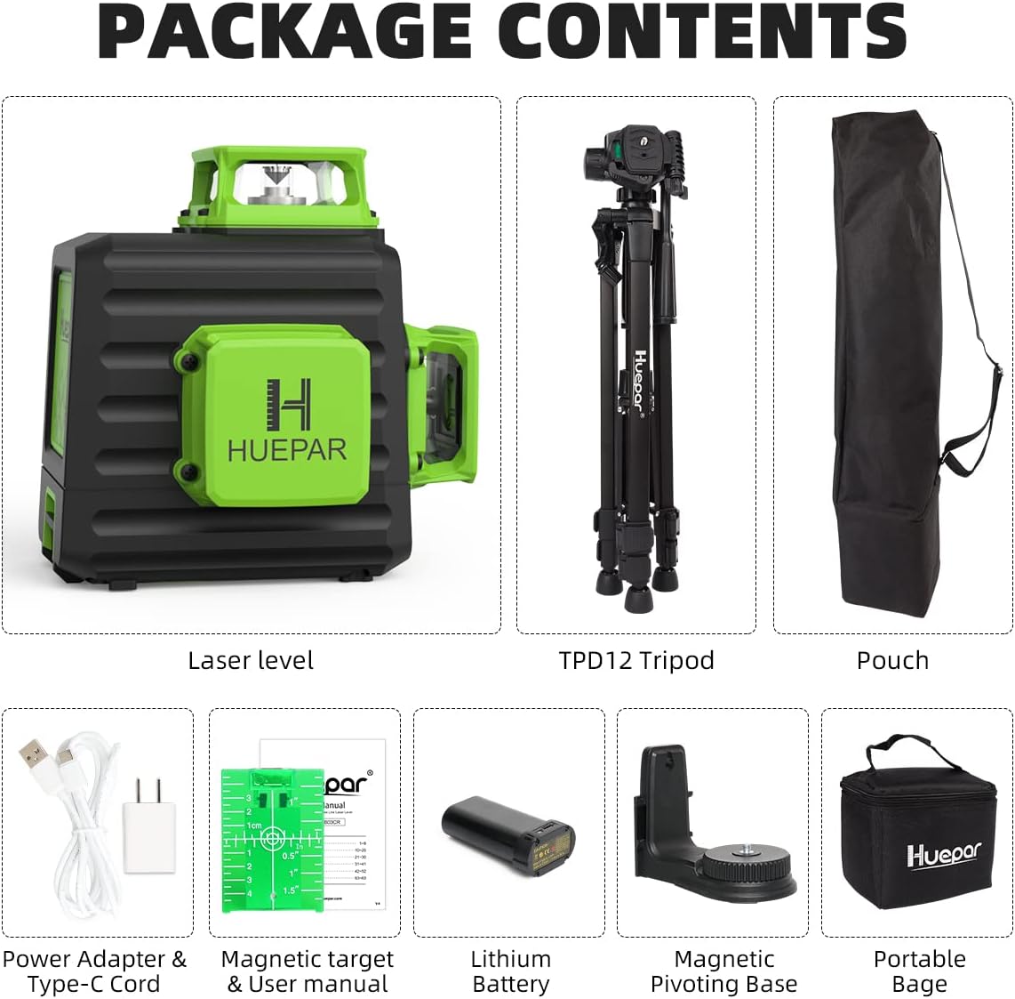 Laser Level 360 Self Leveling with 47" Tripod, Huepar 3x360° High Brightness Green Laser Leveler Tool for Construction, Tile and Picture Hanging, 5200 mAh Li-ion Battery & 2 Portable Bag Included - Image 9
