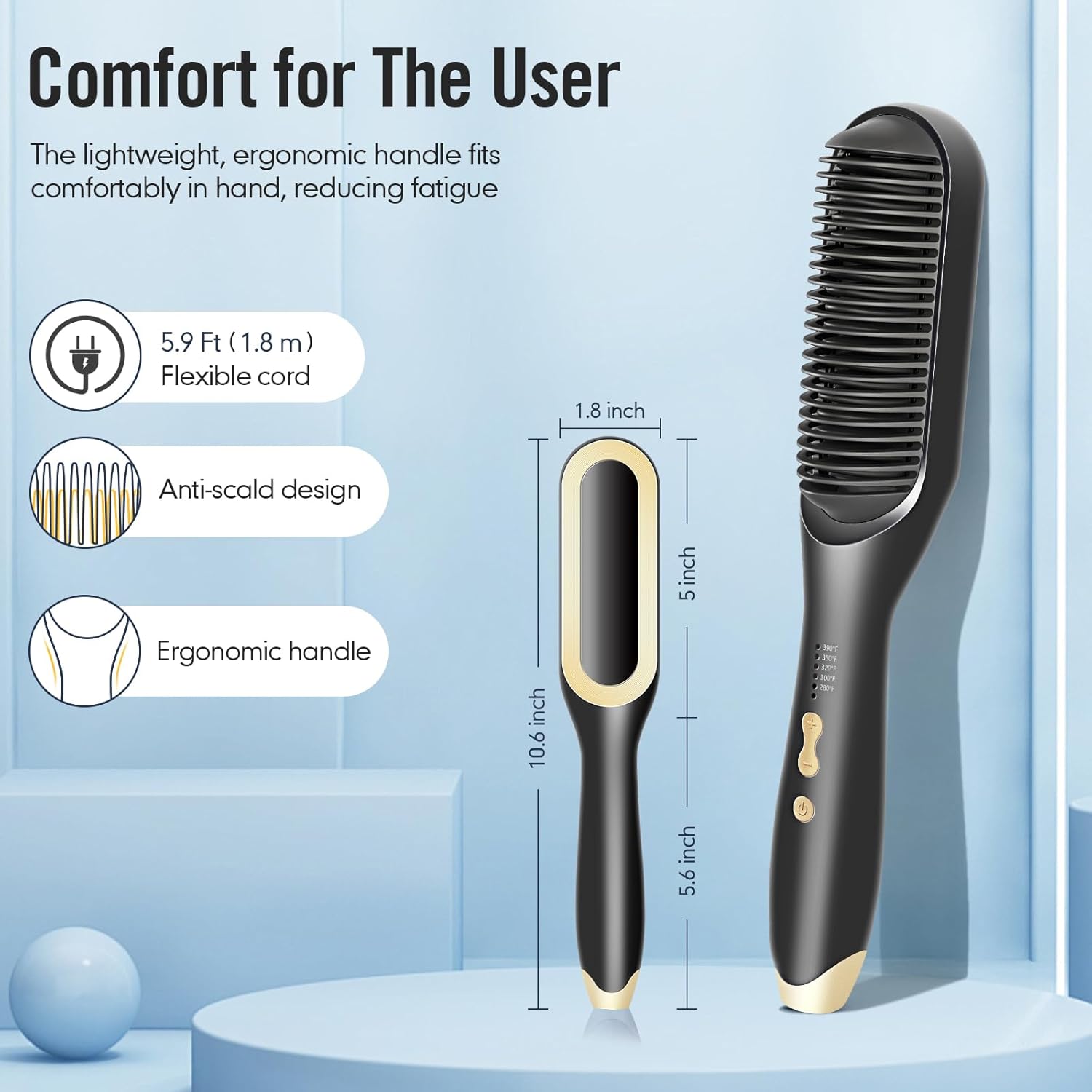 Hair Straightener Brush-Ionic Hair Brush Straightener for Women with 5 Temp Settings,Fast Heating & Dual Voltage Hair Straightening Comb,Anti-Scald & Auto-Shut Off (Black) - Image 8