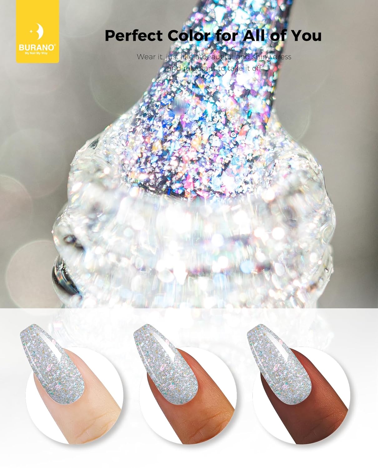 BURANO Holographic Gel Polish, Reflective Glitter Gel Polish 7.3ml UV LED White Silver Glitter Gel Nail Polish for Home DIY, Diamond Gel Nail Polish Curing Required (YH11) - Image 7