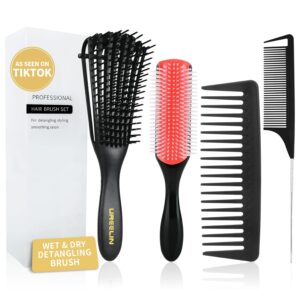 hair Brush Set for Afro America/African Hair, Textured 3a to 4c -Detangler Brush,9 row hair brush,Wide Tooth Comb,Rat Tail Comb (Black)