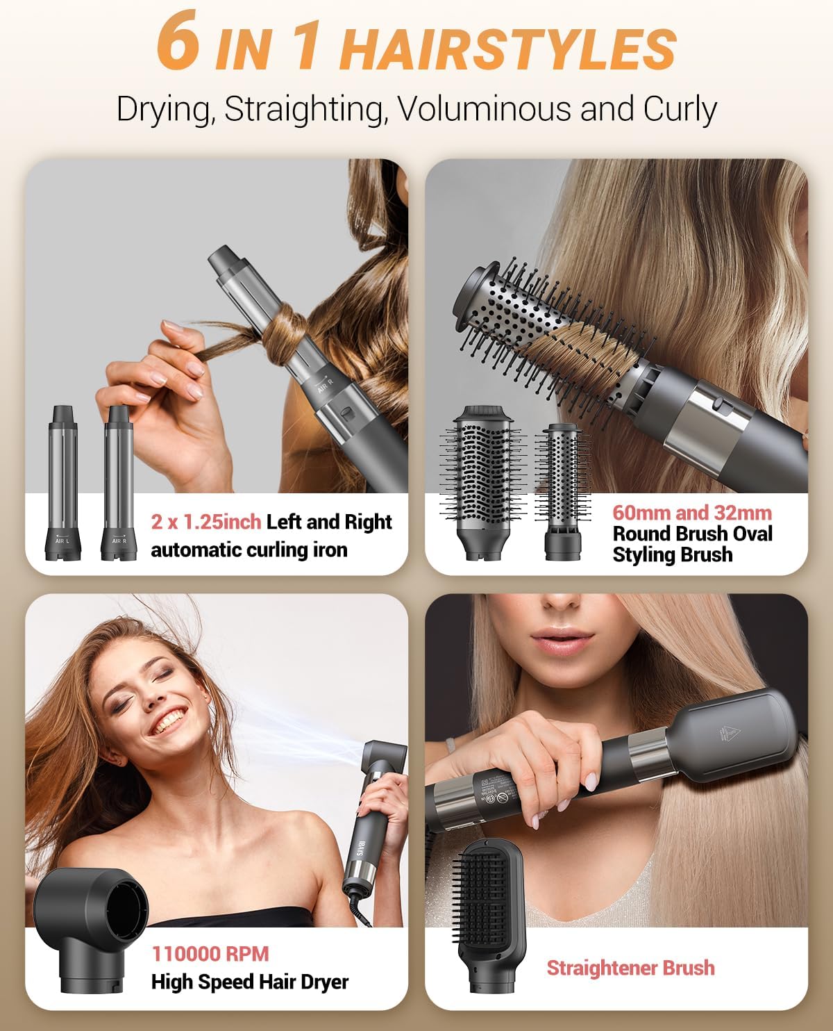 Hair Dryer Brush 6 in 1 Professional Hot Air Styler, 110,000 RPM High-Speed Negative Ionic Hair Dryer, Auto Wrap Curler Frizz-Free Blow Dryer Brush for Curling Volumizing Straightening Styling - Image 2