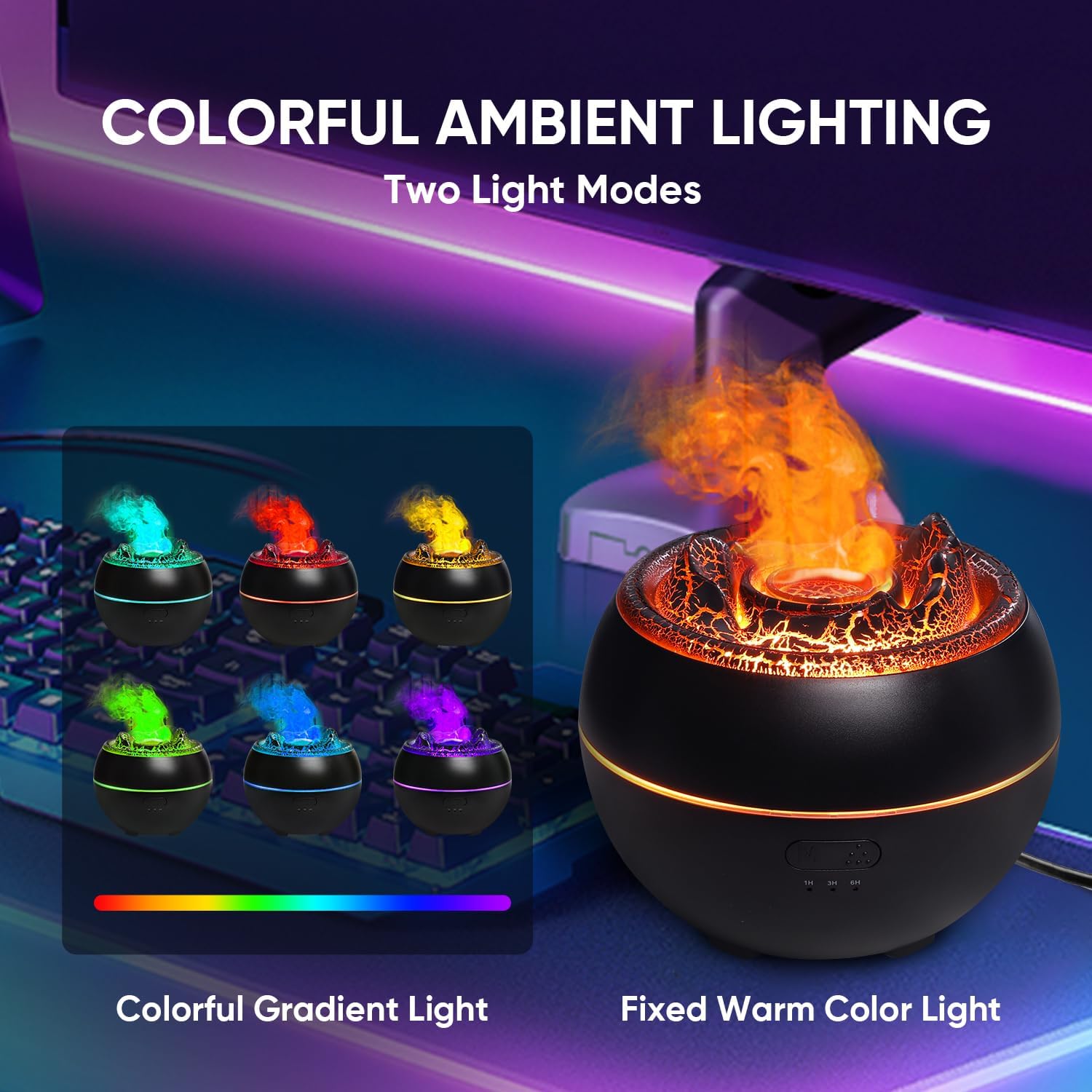 Essential Oil Diffuser, Volcano Fire Flame Aromatherapy Diffuser, 360ml Ultrasonic Cool Mist Humidifier, Scent Aroma Diffuser with 7 Colors Light, Timer & Auto Shut-Off for Home, Room (Black) - Image 3