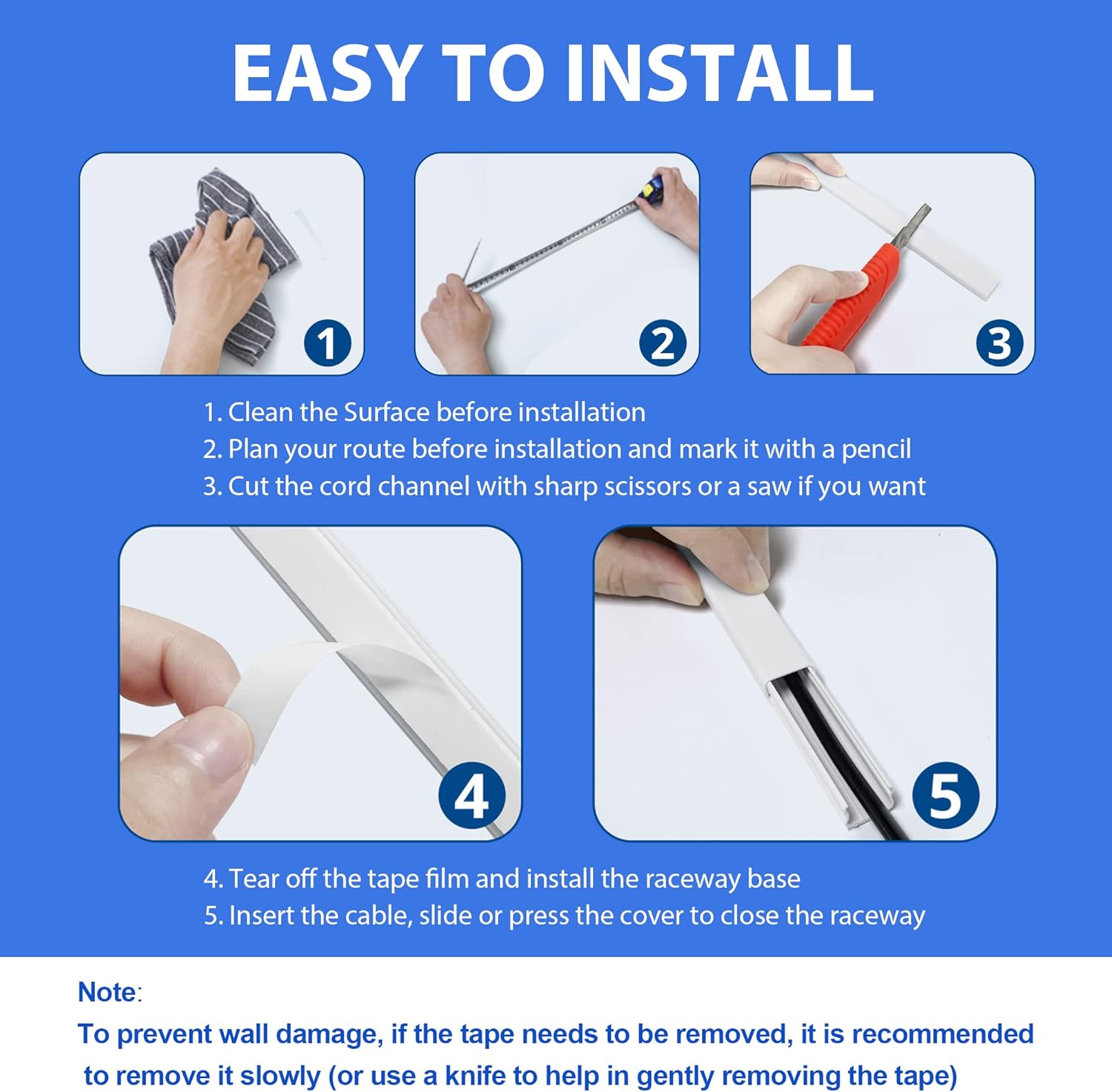 Cord Hider for One Wire, 102in Cable Hider Concealer, Paintable Wall Wire Covers, PVC Cable Management Raceway for A Thick Extension Cord, 6 x L17in W0.59 H0.4in, White - Image 7