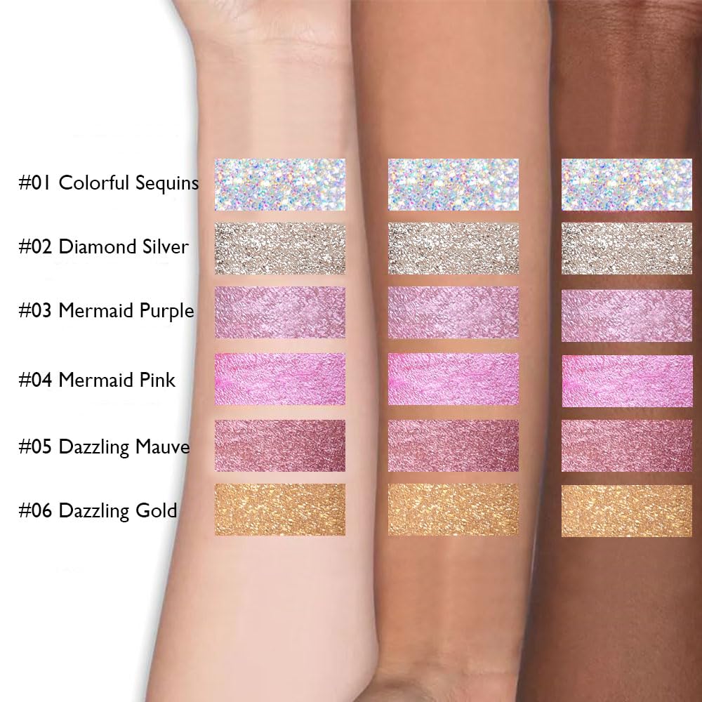 evpct 6 Colors Liquid Glitter Shimmer Metallic Sparkle Eyeshadow Set A,Glitter Colorful sequins Diamond silver Mermaid purple Mermaid pink Dazzling mavue Dazzling Gold Liquid Eyeshadow Makeup Palette - Image 4
