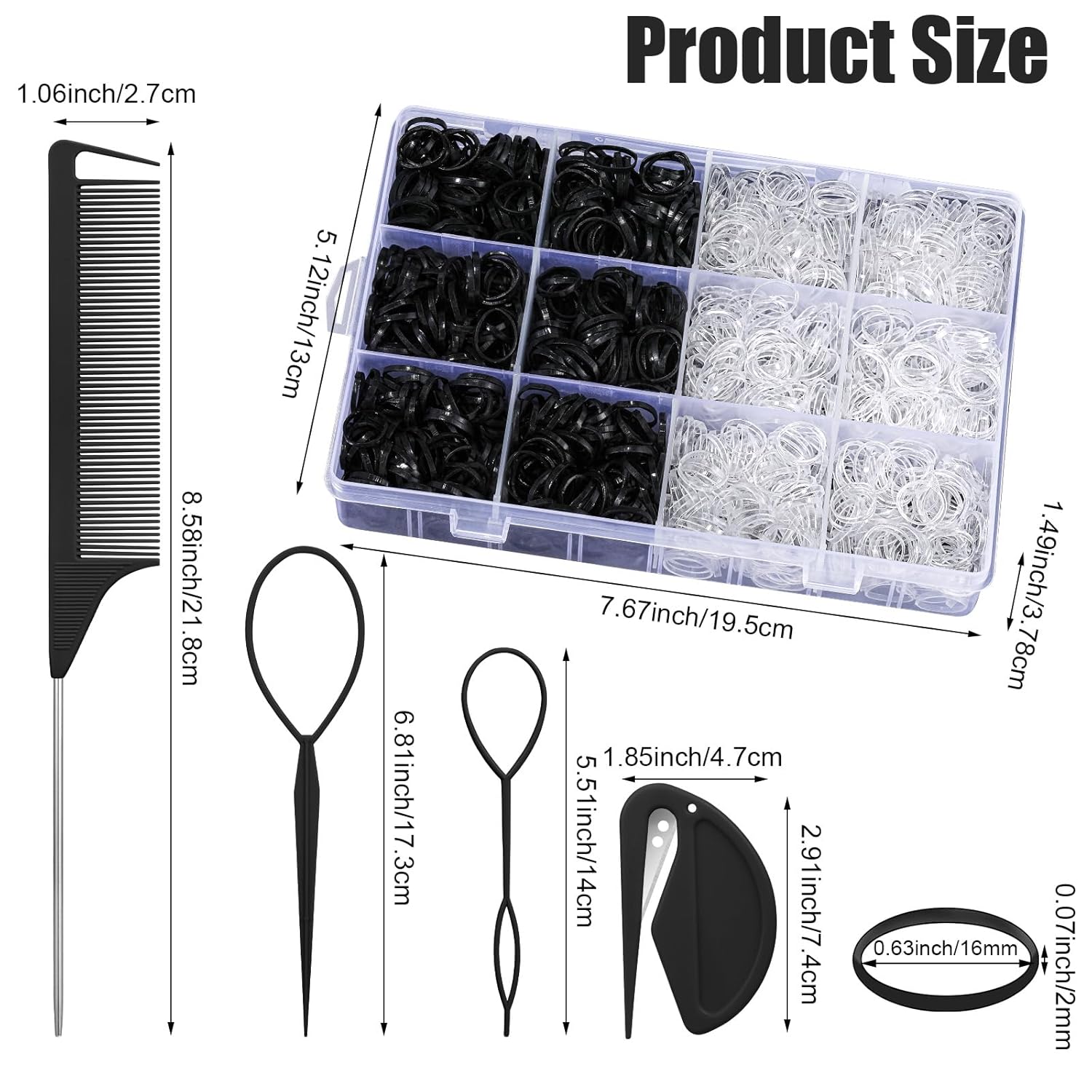 2200 Pcs Clear & Black Elastic Hair Bands Set with Styling Tool in Organizer Box - Image 2