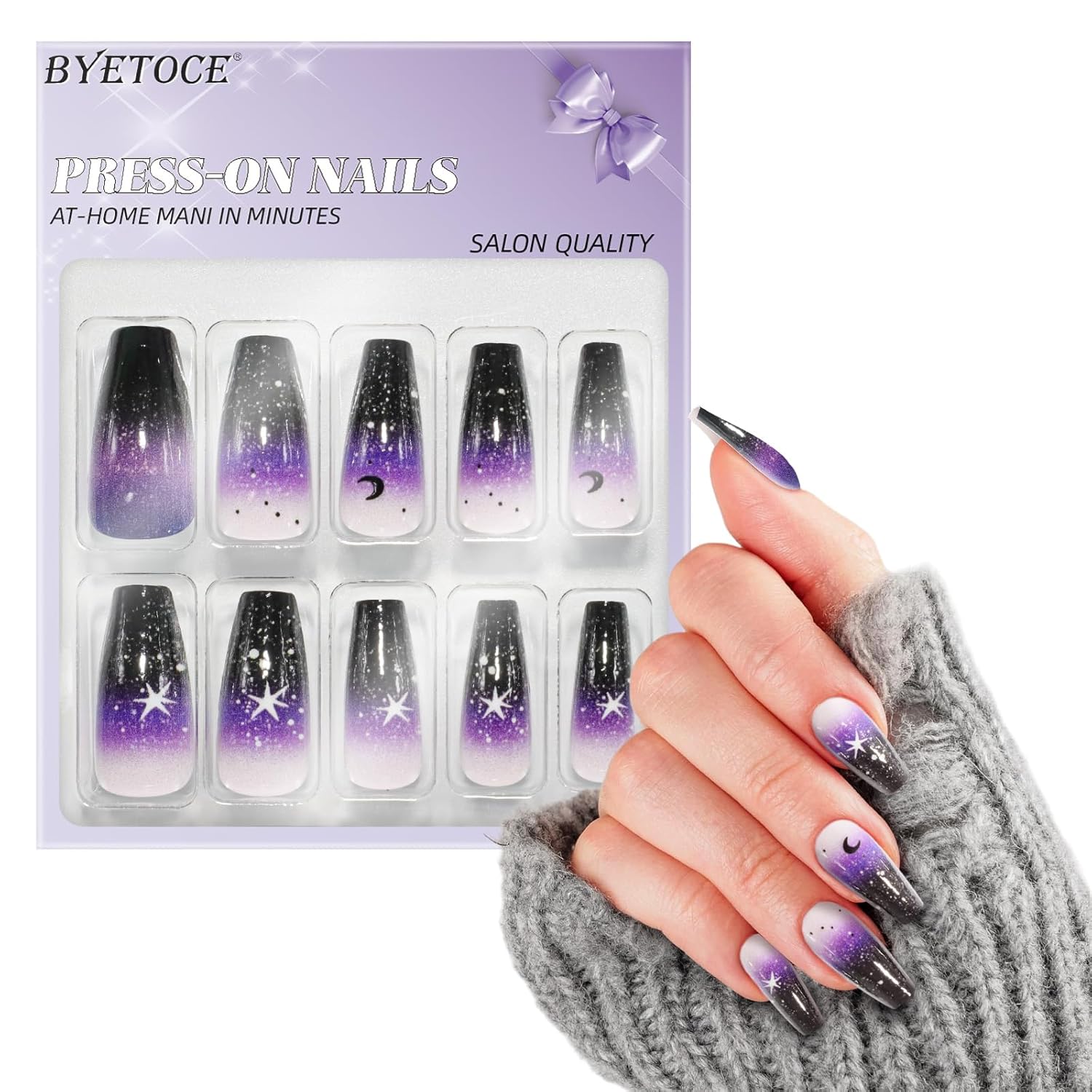 24-Piece Medium Square Night Sky Design Glossy Acrylic Full Cover Press-On Nails - Image 2