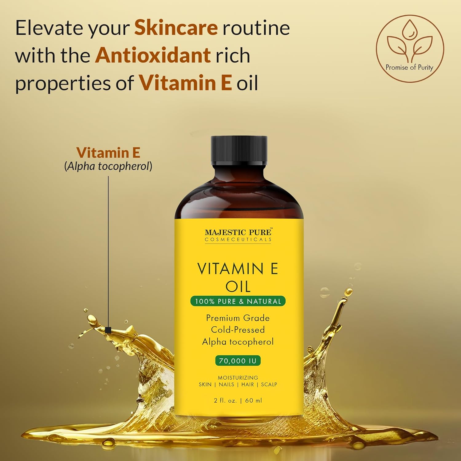 Majestic Pure Vitamin E Oil - 100% Pure & Natural | Premium Grade, Cold-Pressed and Tocopherol to Repair Dry, Damaged Skin | Moisturizing Skin, Hair and Scalp 2 Fl Oz - Image 6