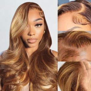 Ombre Lace Front Wig Human Hair 26Inch Highlight Wig Human Hair 13x4 HD Transparent Body Wave 180% Density Honey Blonde Human Hair Wigs for Women Pre Plucked