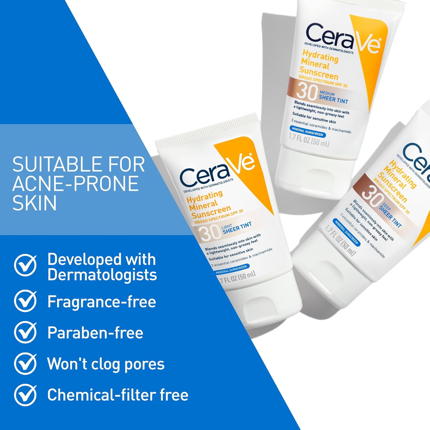 CeraVe Hydrating Mineral Sunscreen SPF 30 with Sheer Tint, Tinted Mineral Sunscreen with Zinc Oxide & Titanium Dioxide, Blends Seamlessly For Healthy Glow, Medium, 1.7 Fluid Ounce - Image 5