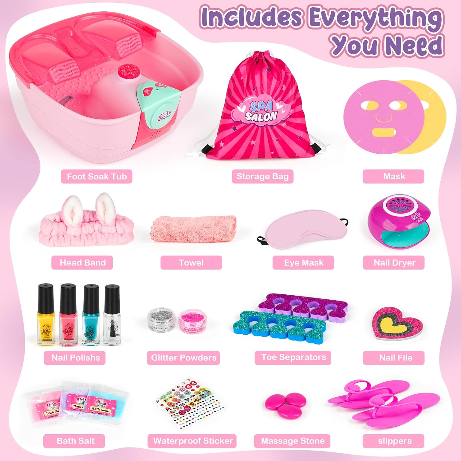 Kids Foot Spa & Nail Kit - Kids Spa Day Kit for Girls with Mask Foot Bath and Nail Dryer - Manicures Pedicure Toy Kit Nail Art Salon Girl Stuff - Christmas Birthday Gifts for 6 7 8 9 10-12 Year Old - Image 2