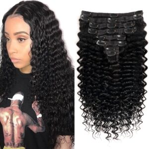 Deep Wave Clip in Hair Extensions for Black Women Brazilian Virgin Human Hair Extensions 8Pcs Remy Hair Extensions Clip in Human Hair with 18Clips 120g (12inch, Natural Black)