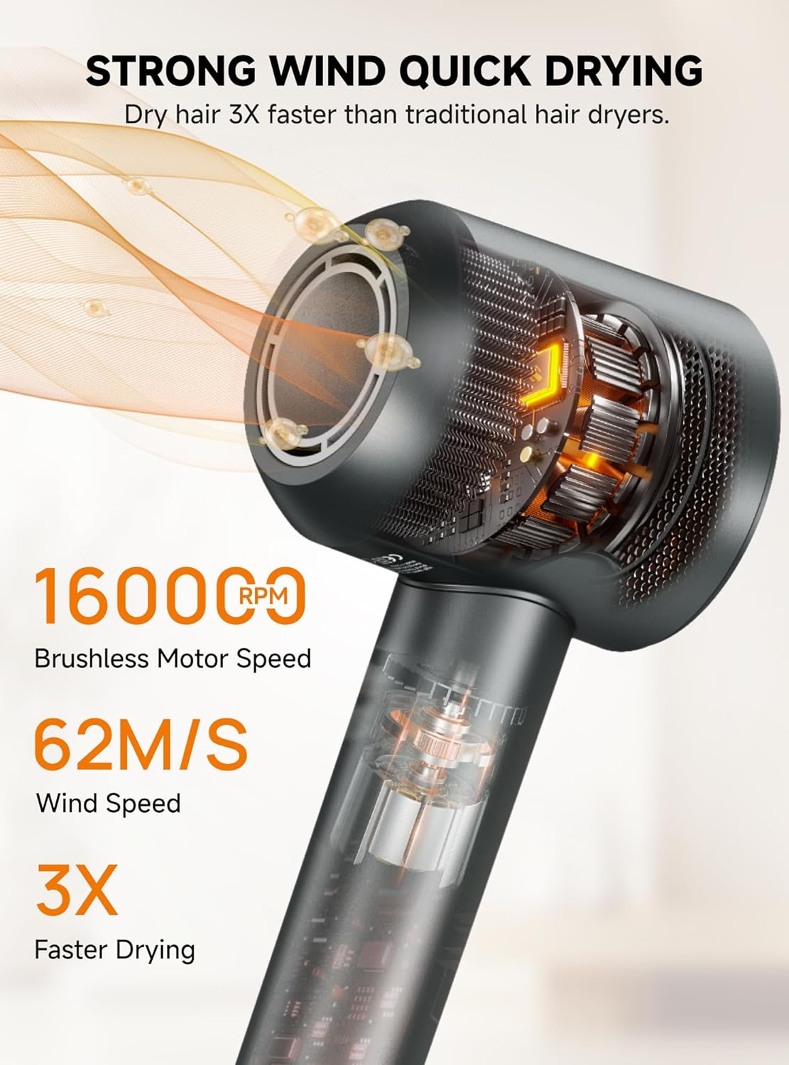 High-Speed Hair Blow Dryer: 160000 RPM Professional Hairdryer 500 Millions Negative Ionic Low Noise Thermo Control Lightweight Fast Drying with Brushless Motor for Gift Travel Home Salon - Image 2