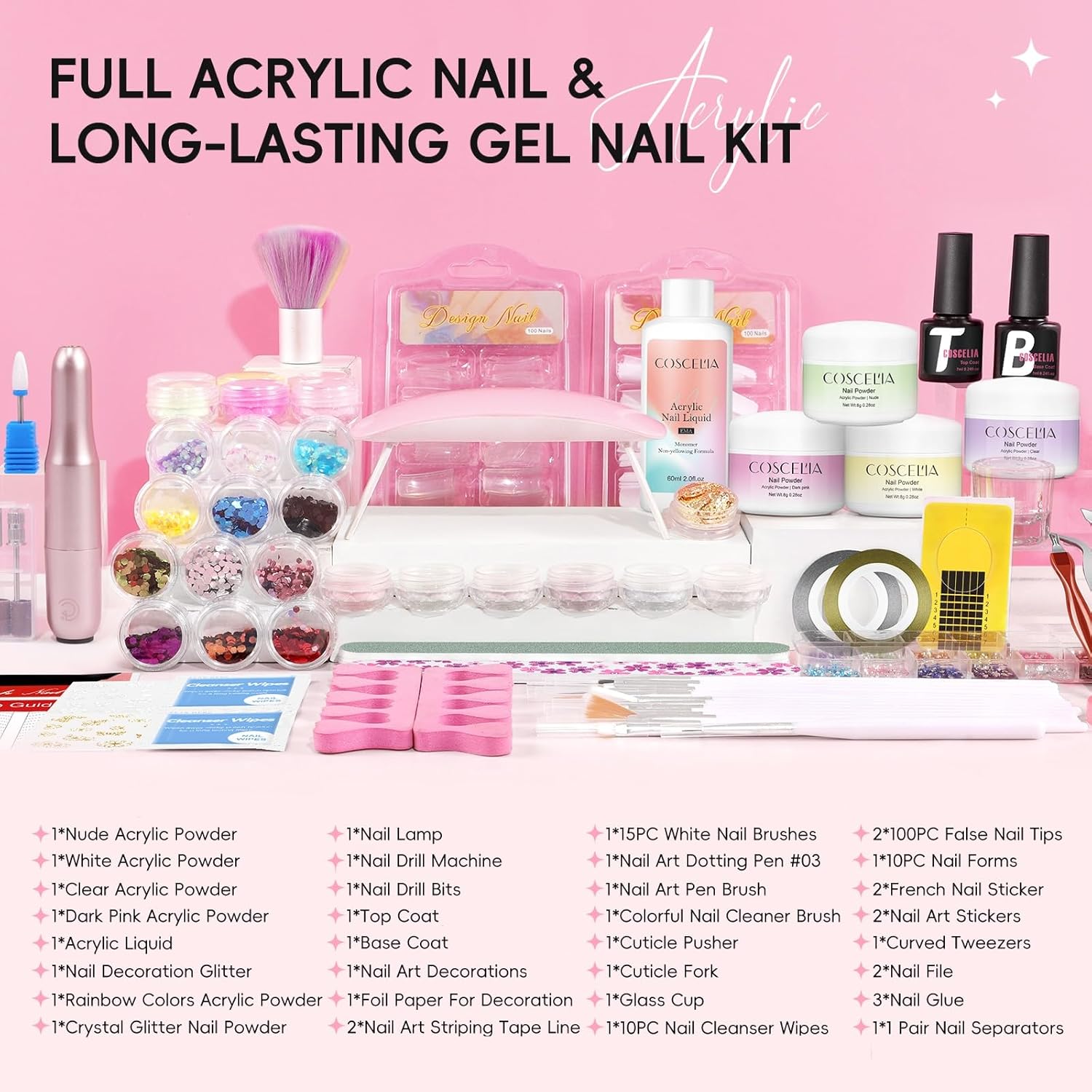COSCELIA Acrylic Nail Kit with Everything, Pink White Nude Clear Acrylic Powder with Drill U V Light Sequin Glitter Decoration Powders Base Top Coat Nails Kit for Beginners Home Nail DIY - Image 2