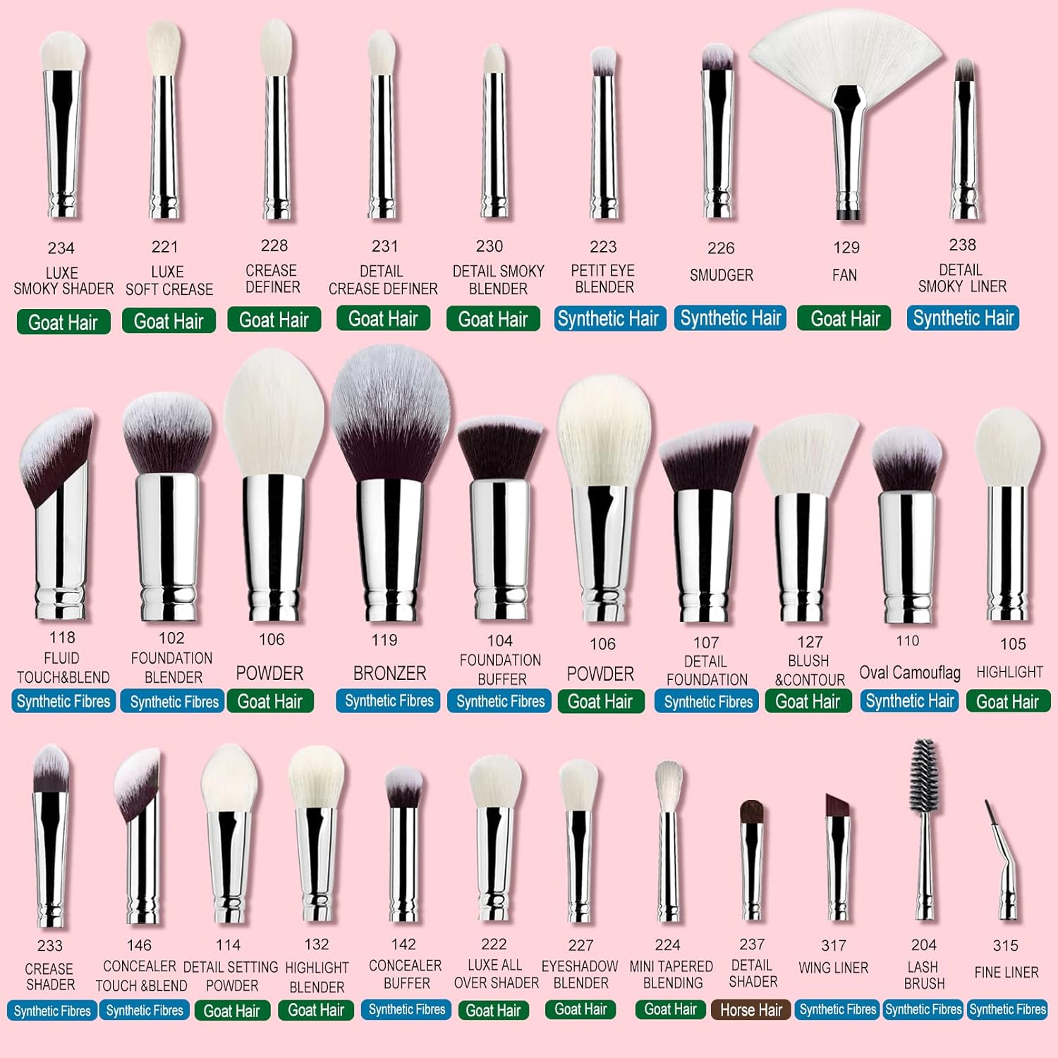 Pro makeup Artist Brushes Set 32Pcs Luxury Goat Hair Horse hair Makeup Brush Set eye and face brushes for every possibility By Bueart Design - Image 3