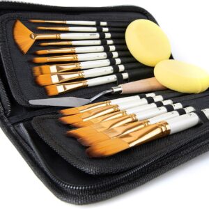 18 Piece Paint Brush Set, ARTIFY 15 Acrylic Paint Brushes, Palette Knife, and 2 Sponges, Professional Artist Paint Brushes for Acrylics, Watercolors, Gouache, Canvas, and Face Painting, Pearl White