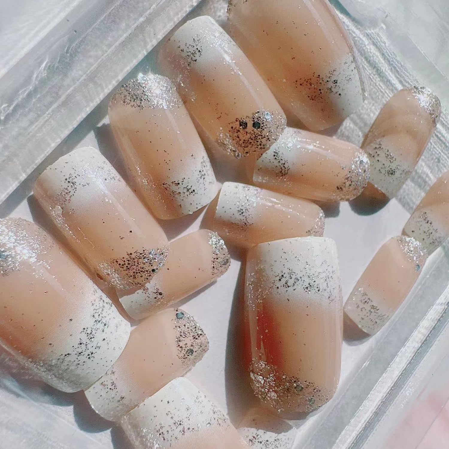 White French Tips Press on Nails Short Square Fake Nails Silver Glitter Acrylic Sparkly False Nails Glitter Stick on Nails Reusable Full Cover Artificial Nail for Women DIY Nail Art Decoration 24Pcs - Image 3