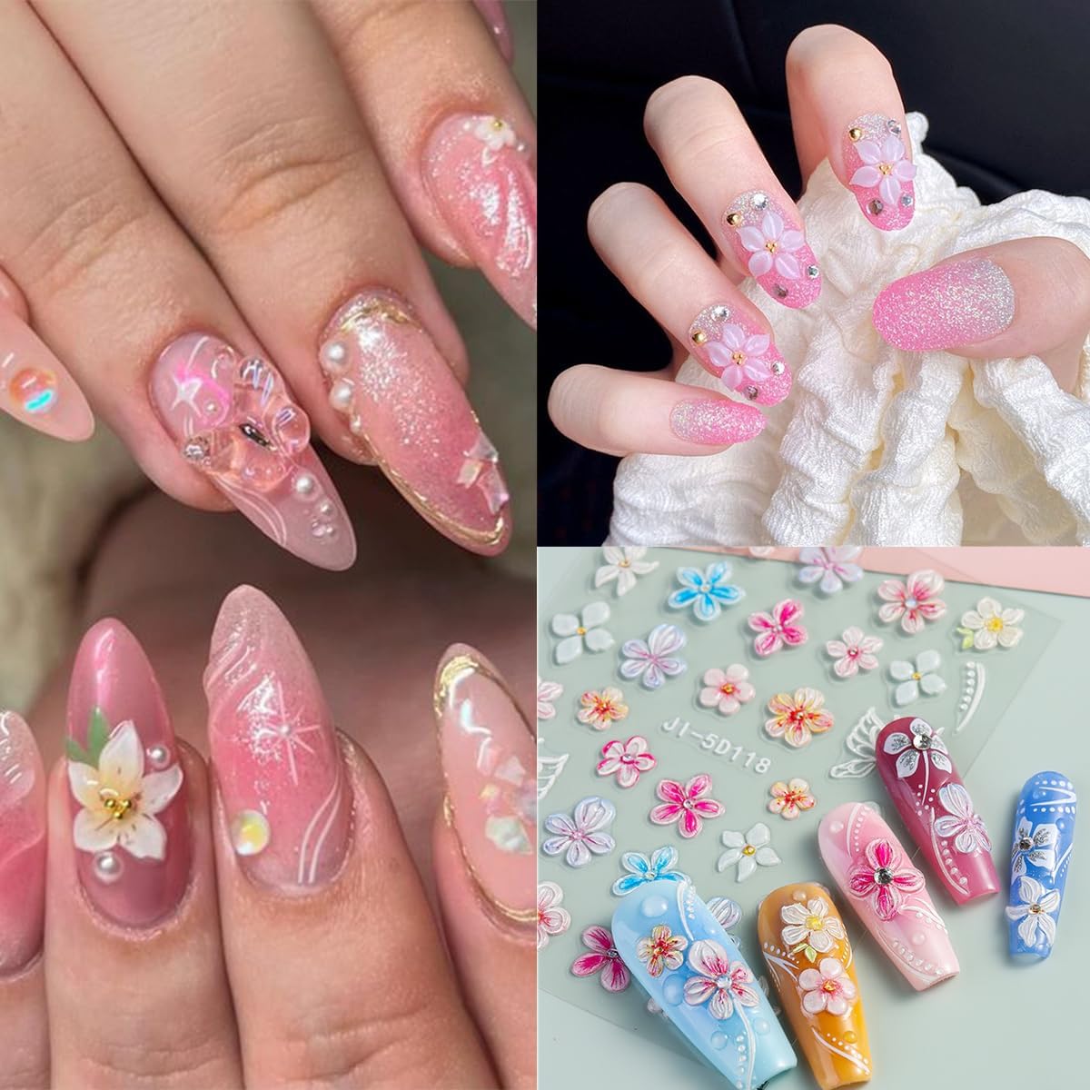Flower Nail Art Stickers 5D Embossed Pink White Flower Nail Decals Luxury Colorful Five Petal Floral Nail Design Stickers Summer Butterfly Nail Art Supplies Heart Nail Stickers for Women Manicure-3Pcs - Image 7