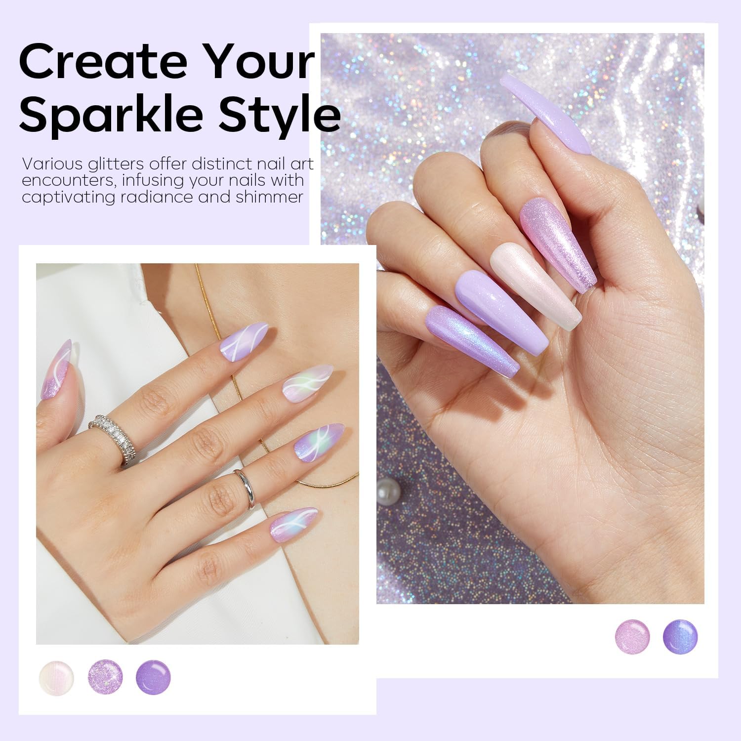 Modelones Purple Glitter Gel Nail Polish Set, 6 Colors Shimmer Violet Mermaid Gel Nail Cat Eye Sparkle Soak Off Led Nail Polish for Women Girl DIY Nail Art Gift - Image 4