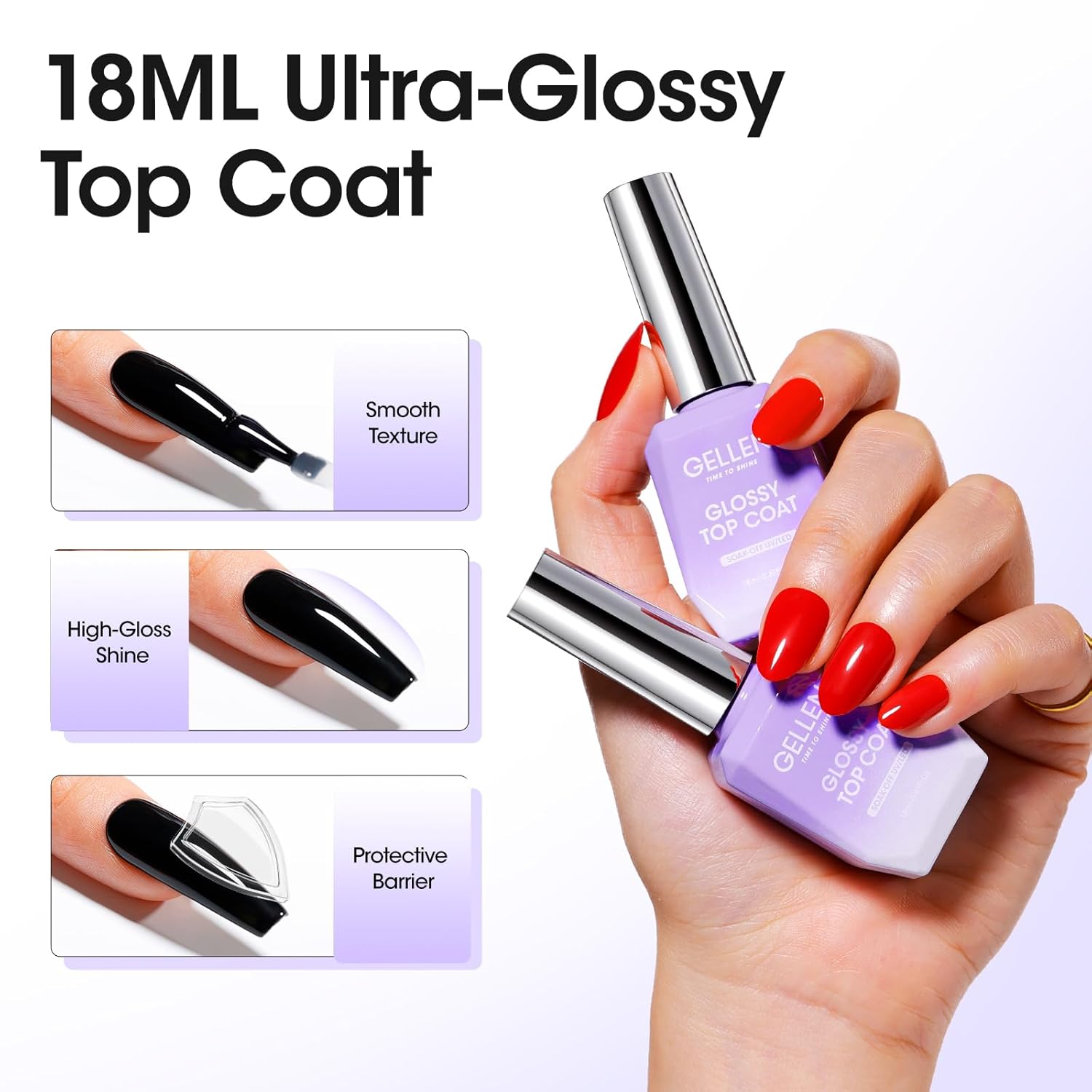 GELLEN 2 Pc No Wipe Gel Top Coat Set, 18ml Glossy Nail Polish for Salon & Home - Image 2