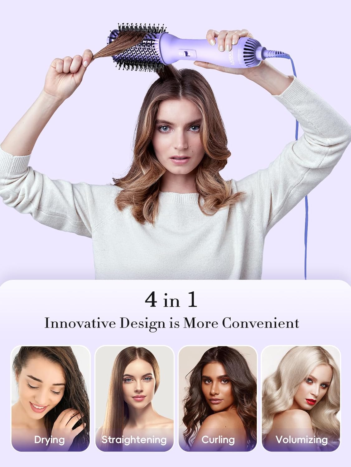 LANDOT Hot Hair Blow Dryer Brush: One-Step HairDryer Styler and Volumizer - Upgraded Plus 2.0 Hot Air Brush with Negative Ion Anti-frizz Ceramic Titanium 60mm Oval Shape Barrel Purple Color - Image 3