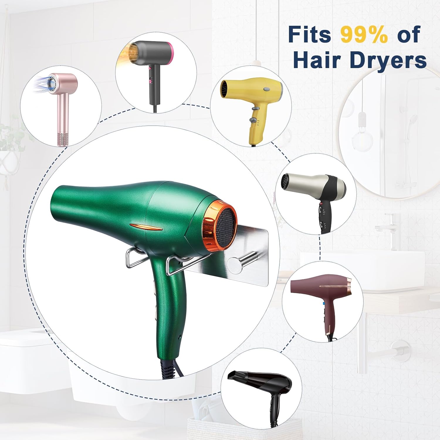 Hair Dryer Holder Wall Mounted Adhesive Blow Dryer Holder,SUS 304 Stainless Steel Hairdryer Holder Hanger Storage, Hair-dryer Rack Stick on Vanity Cabinet for Bathroom ,Hair Tool Organizer with Hook - Image 7