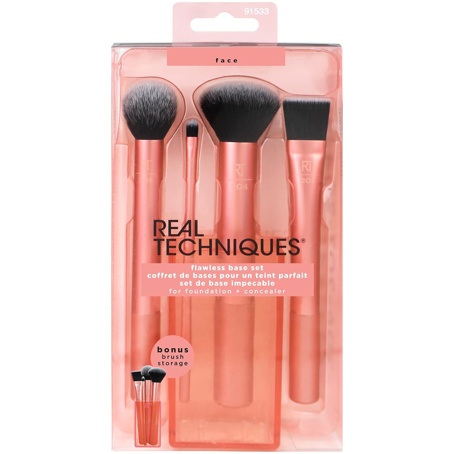Real Techniques Flawless Base Brush Set With Ultra Plush Custom Cut Synthetic Bristles and Extended Aluminum Ferrules to Build Coverage for Every Makeup Application Need, Orange, 5 Piece - Image 2