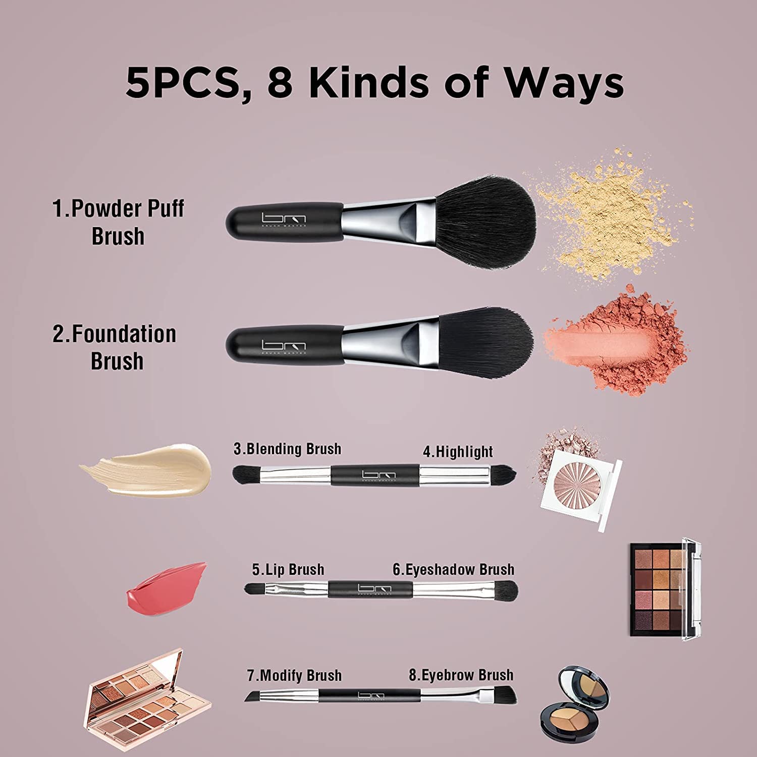 Travel Makeup Brushes Set w/Pouch, 5PCS Double Ended Portable Mini Cosmetic Brushes Kit for Foundation, Eyeshadow, Lip, Blush Make Up Brushes Professional(Black) - Image 5