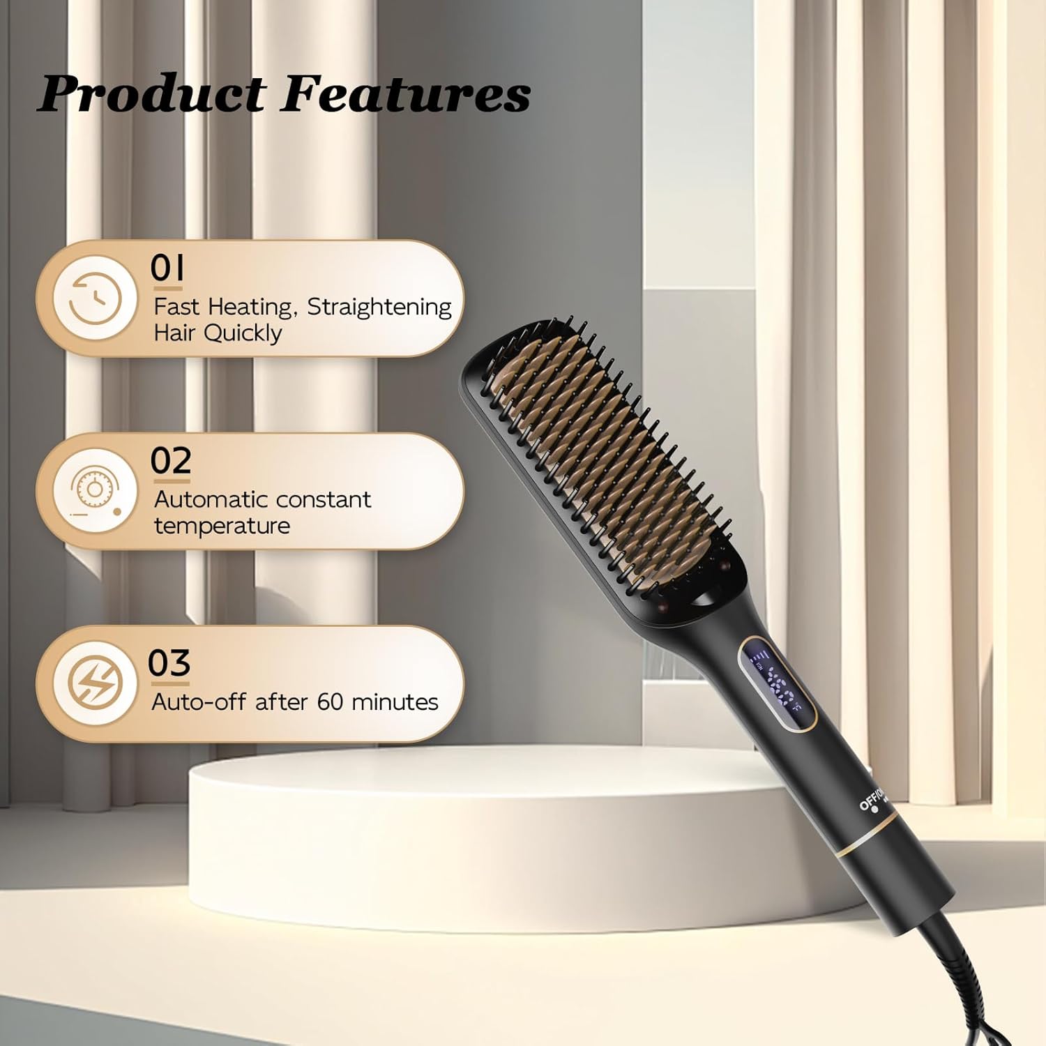 Nicebay Straightener Brush, Rotatable Temperature Adjustment Hair Straightening Brush, Auto-Off & Led Display Hair Straightener Comb for Women - Image 4