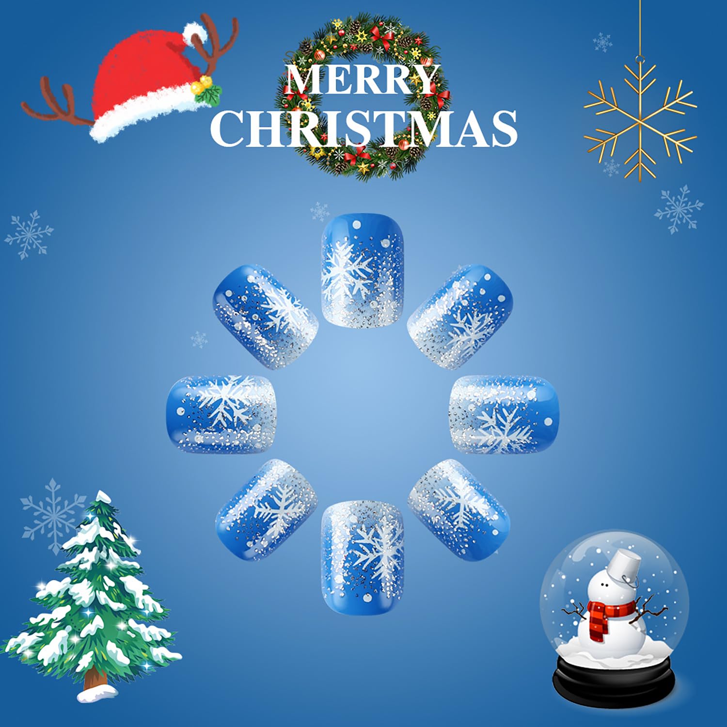 TBRZTR Blue Christmas Press on Nails Short Square Snowflake Acrylic Nails Glitter Powder Sequins Design Aritificial Xmas False Nails Full Cover Gradirent Coffin Nails Glossy Glue on Nails for Women - Image 3