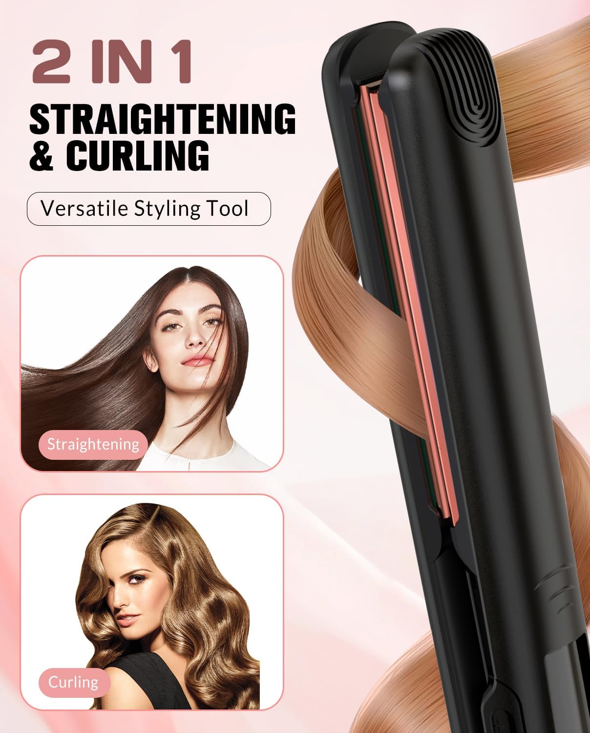Flat Iron Hair Straightener, Ceramic Hair Straightener and Curler 2 in 1, Rapid 30-Second Heat-Up Hair Straightening Iron with Floating Plates for Less Frizz, Shinier & Smoother Hair - Image 3