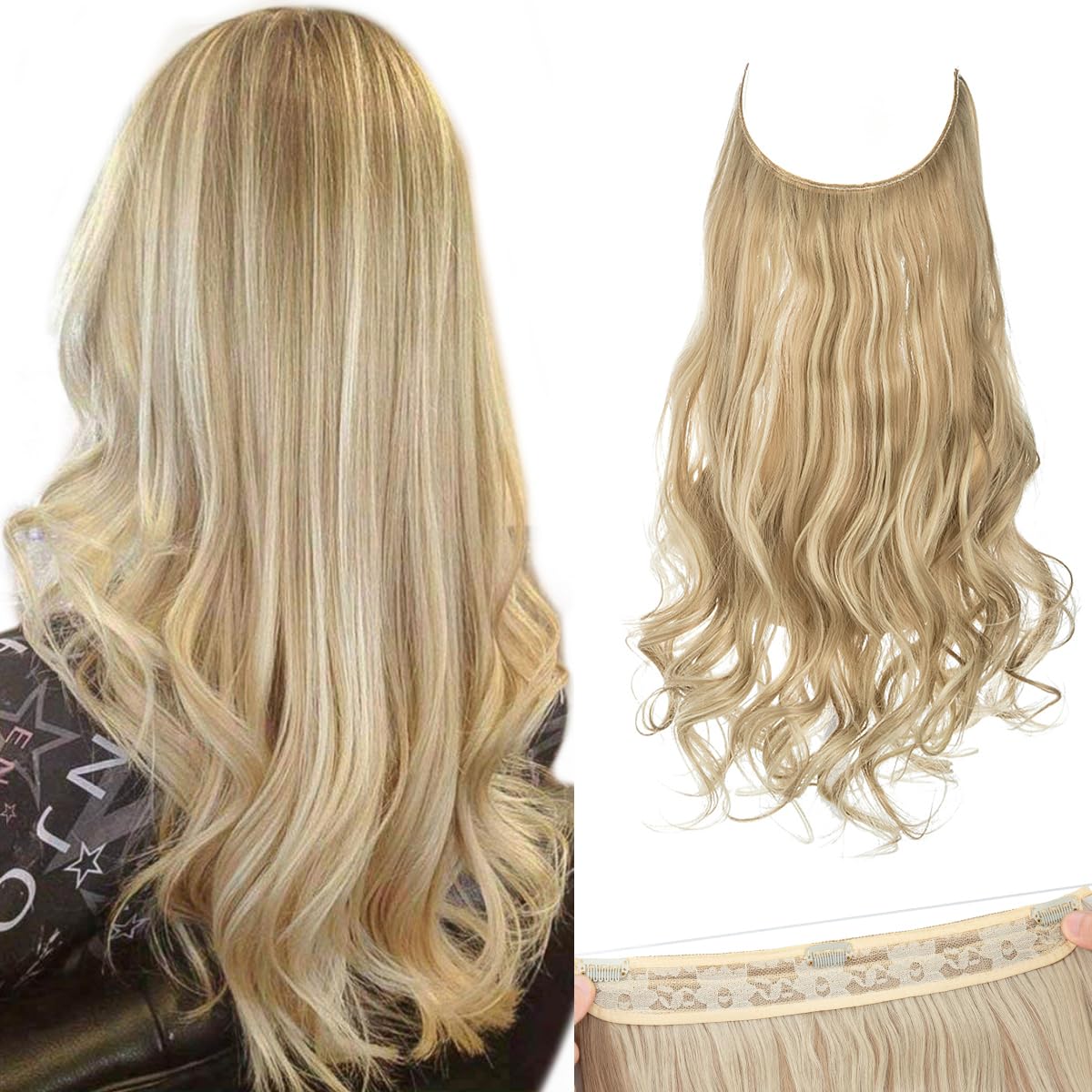 SARLA Hair Extensions Invisible Wire Dirty Blonde Highlight Wavy Curly Synthetic Hairpieces Balayage for Women Long 18 Inch Adjustable Headband No Clip