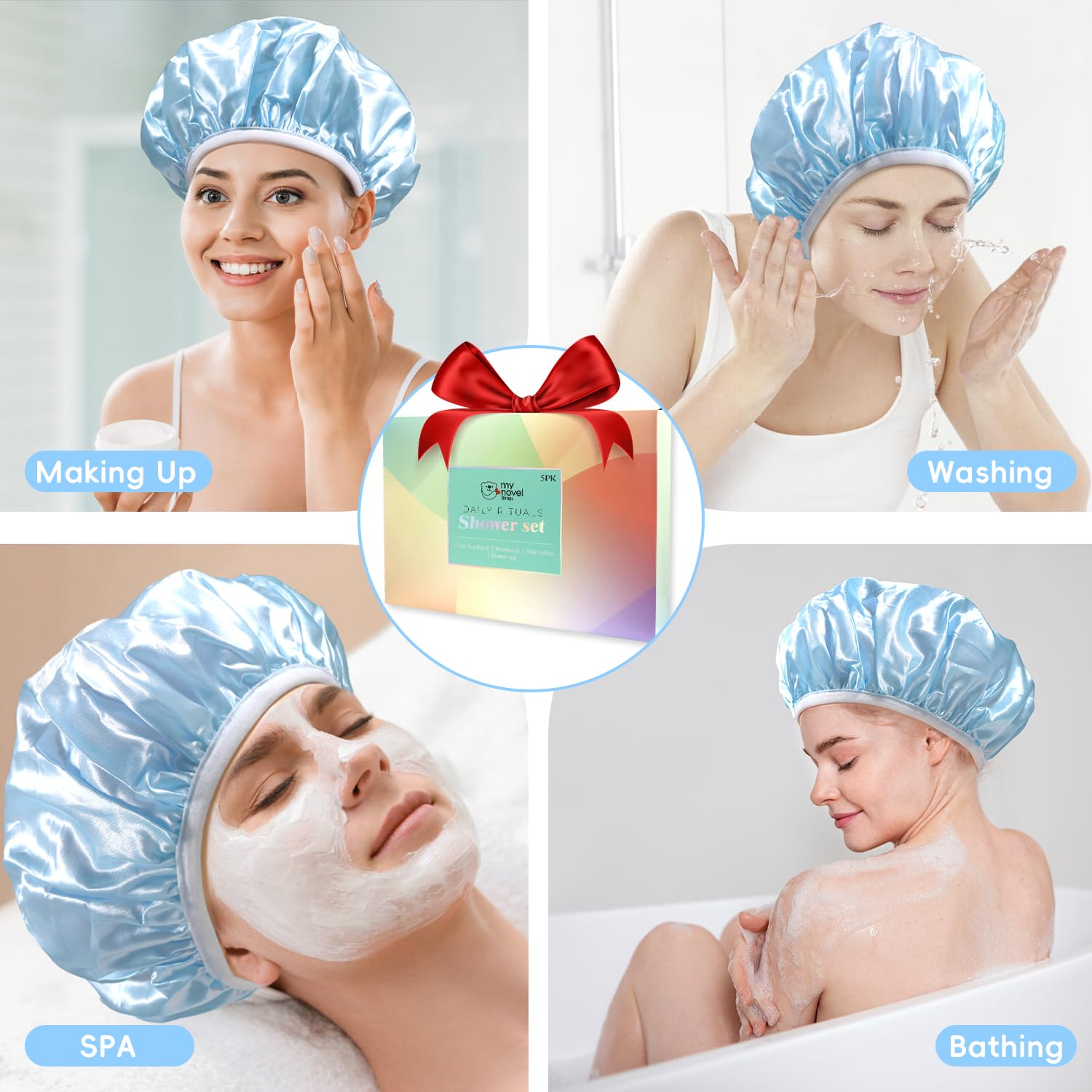 Hair towel wrap for women, Shower cap reusable waterproof, Shower cap and Hair Towel set, Come with a spa headband and wristbands Soft and Breathable for Long Thick Hair-Blue - Image 7