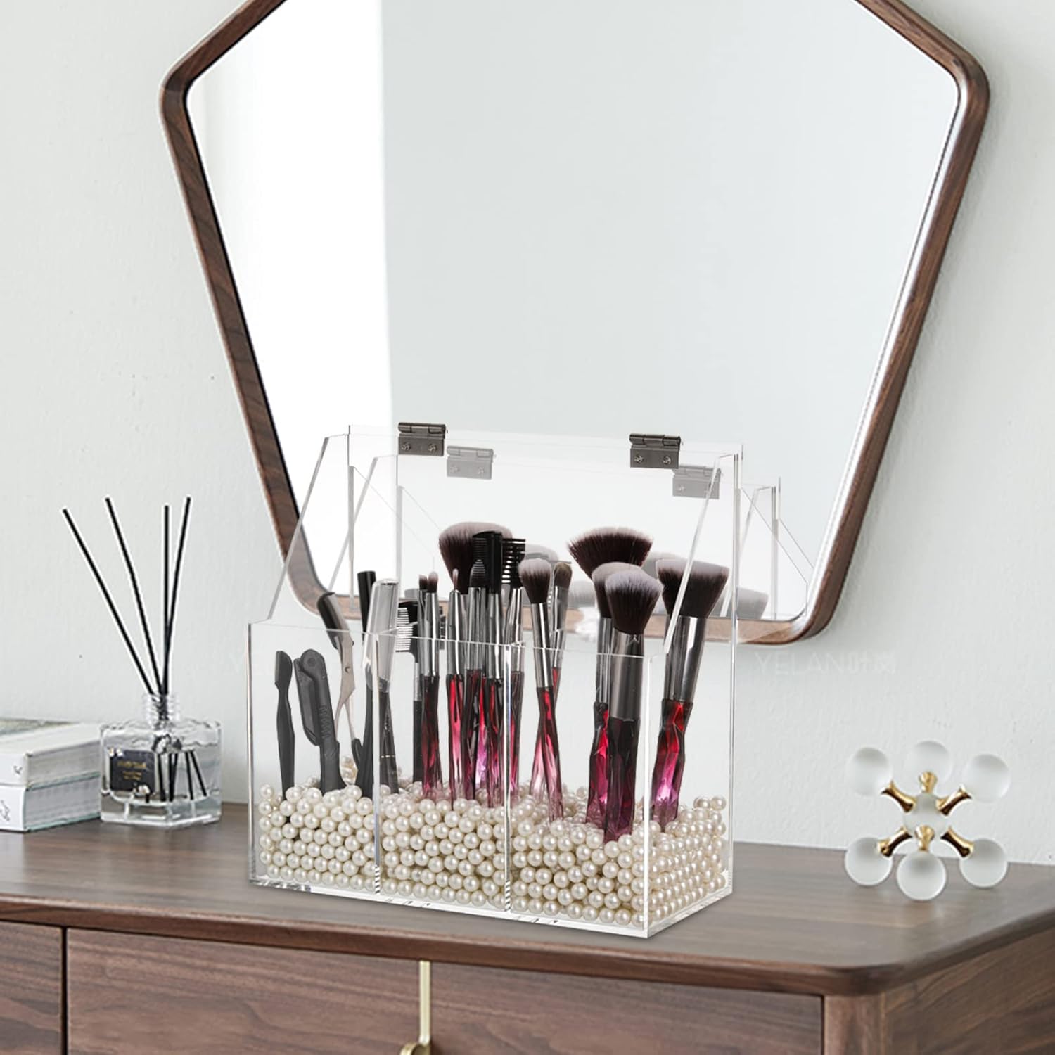 Okllen Makeup Brush Holder with Dustproof Lid, White Pearls, Acrylic Clear Makeup Brush Organizer with 3 Compartment, Large Cosmetic Brush Storage Box Case for Vanity, Bathroom, Bedroom - Image 5
