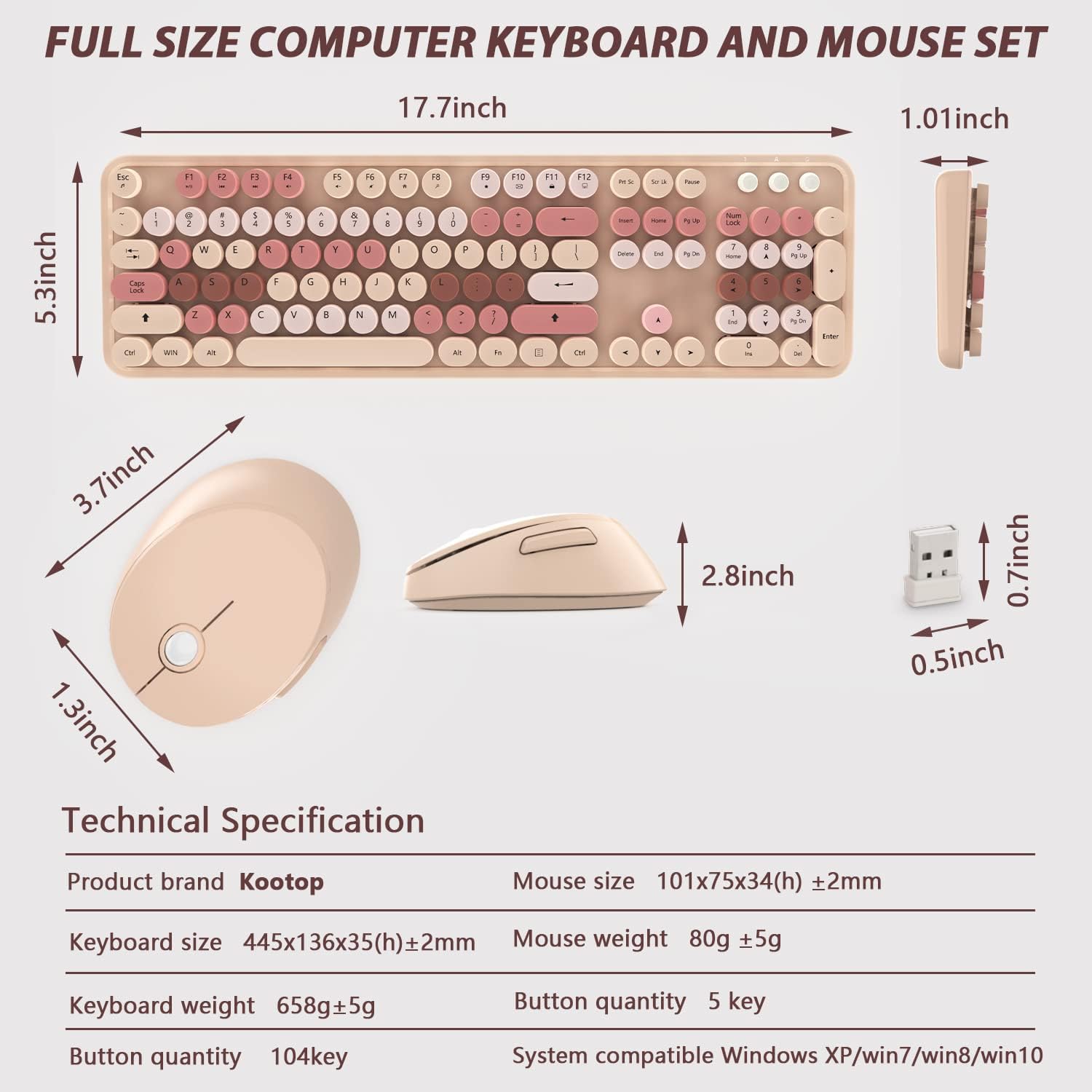 Wireless Keyboard and Mouse, KOOTOP Cute Keyboard and Mouse, 2.4G Wireless Keyboard with Retro Round Keycap for PC, Mac, Laptop,Computer Windows (Milk Tea) - Image 6