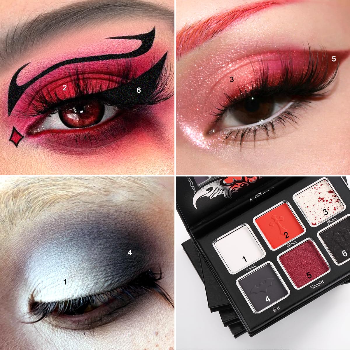 Black Red Eyeshadow Palette, Highly Pigmented True Red White Dark Grey Goth Smoky Eyeshadow Palette, 6 Color Matte Shimmer Burgundy Metallic Halloween Makeup Palette for Zombie Vampire Clown,Blendable - Image 5