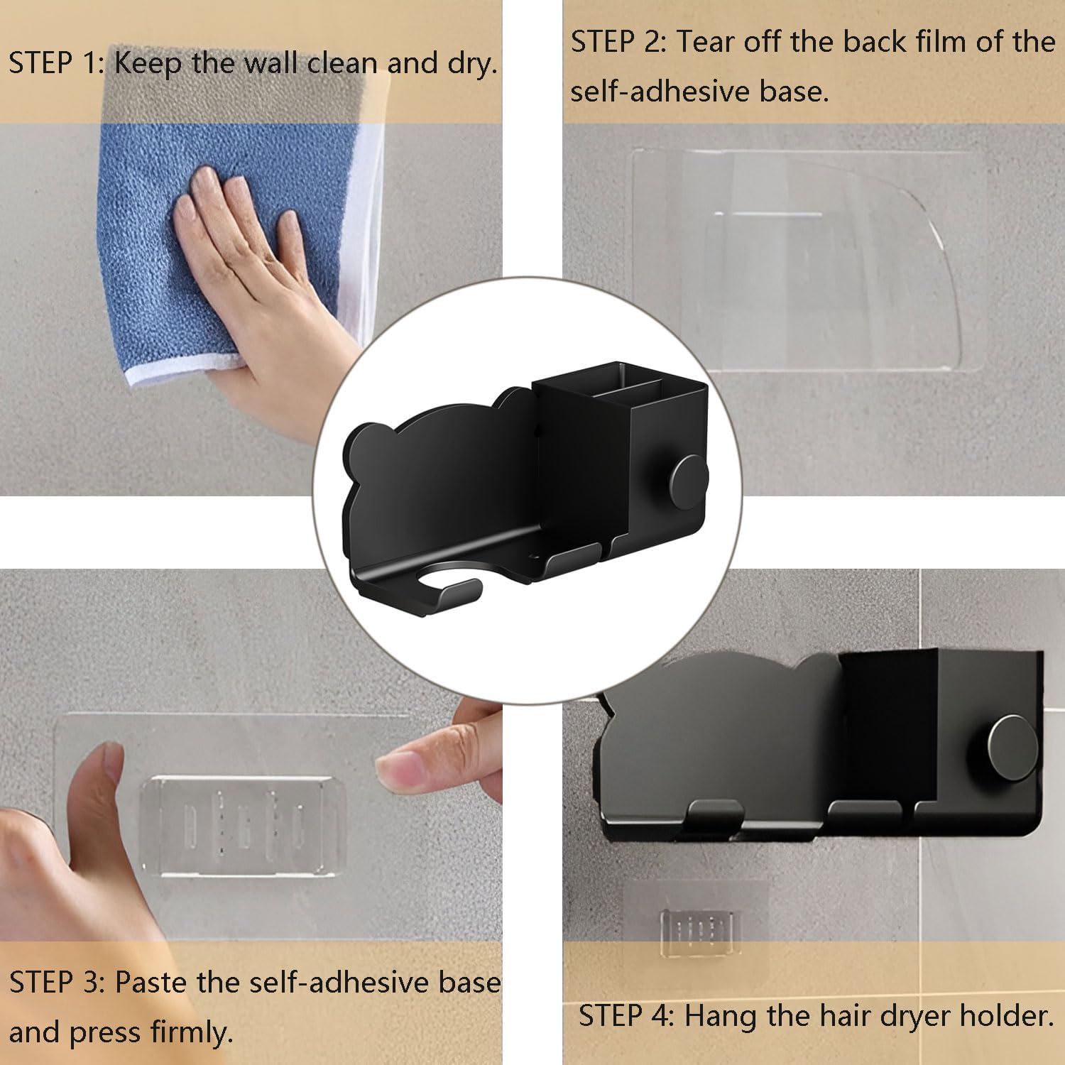 Universal Hair Dryer Holder, Blow Dryer Hanger Wall Mount for Hair Dryer Hook with Plug&Cord Organizer Self Adhesive for Cabinet Bathroom, black, LZ-001 - Image 5