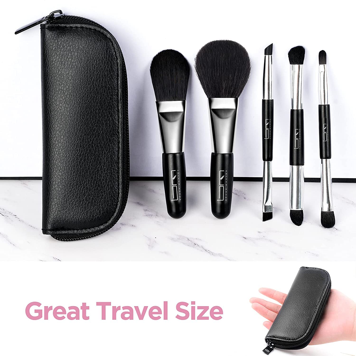 Travel Makeup Brushes Set w/Pouch, 5PCS Double Ended Portable Mini Cosmetic Brushes Kit for Foundation, Eyeshadow, Lip, Blush Make Up Brushes Professional(Black) - Image 2