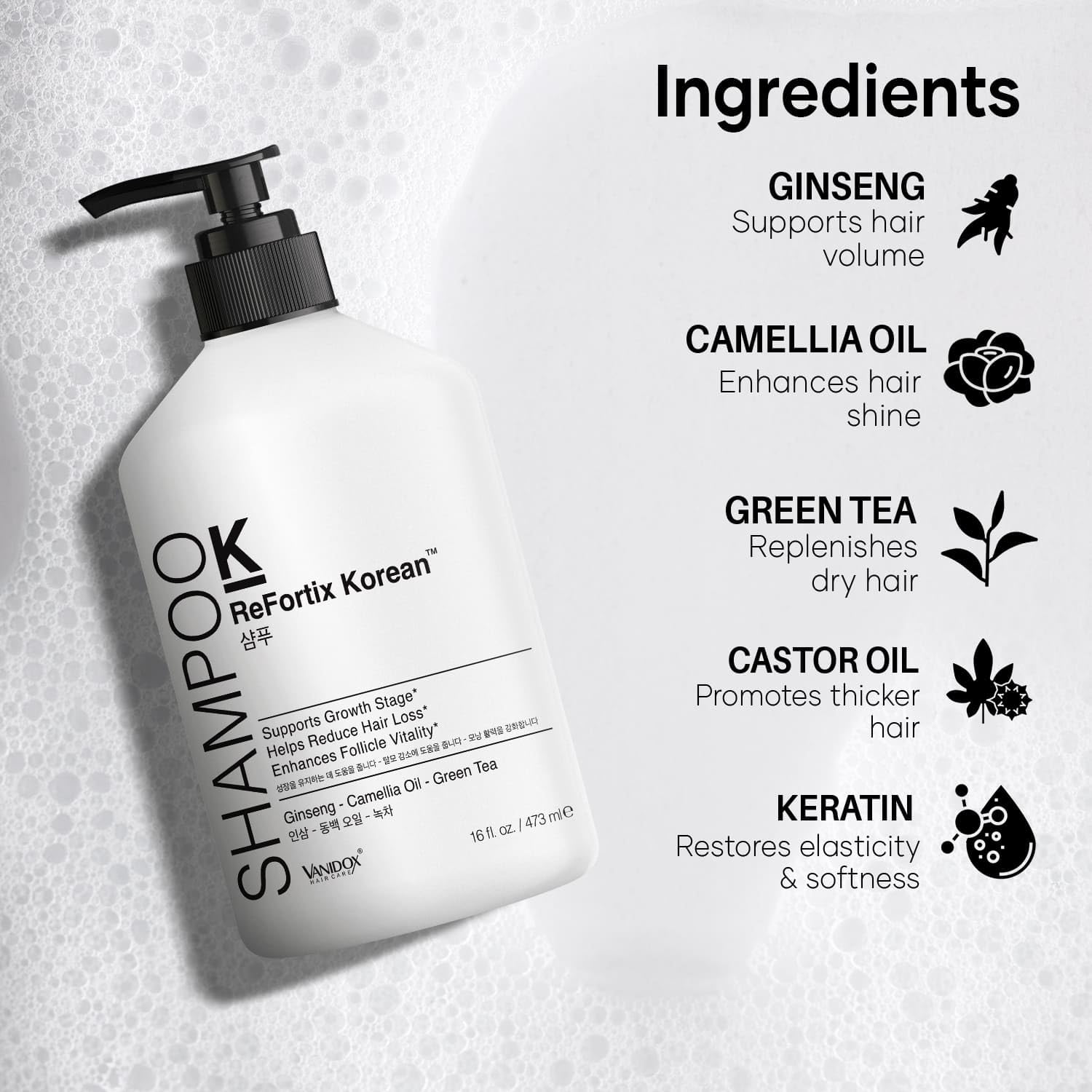 ReFortix Korean Shampoo, Enriched with Ginseng, Green Tea, and Camellia Oil, Supports Growth Stage and Helps Reduce Hair Loss for Stronger Hair (16 fl oz) - Image 4