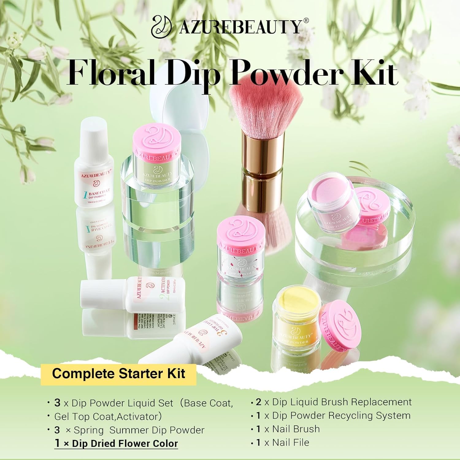 AZUREBEAUTY Dip Powder Nail Kit Floral Lime Green with Base Top Coat Activator Dried Flowers for French Nails Art Manicure DIY Salon - Image 5