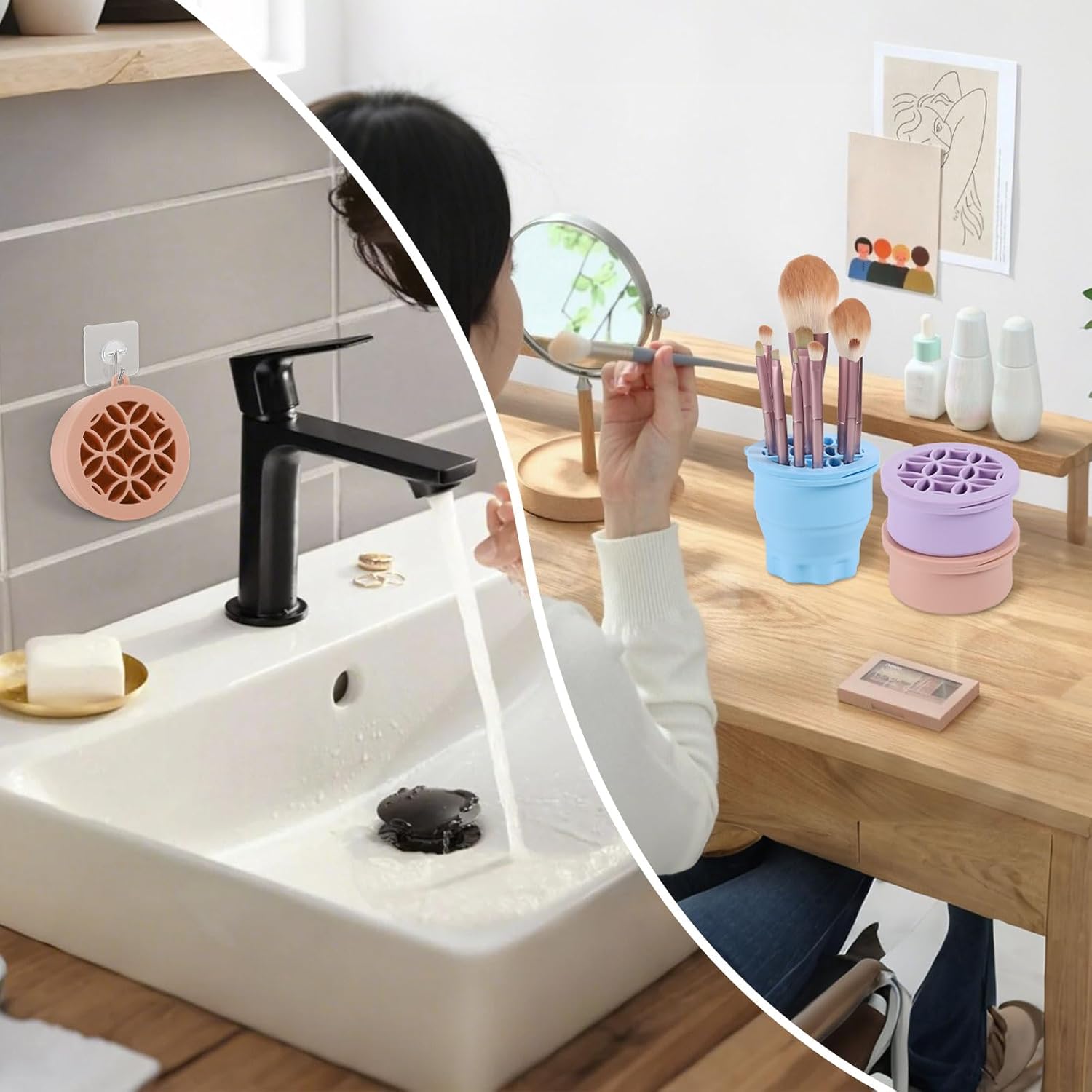 WantGor Makeup Brush Cleaner Mat with Brush Storage Holder, 3 in 1 Foldable Silicone Bowl Cosmetic Brushes Cleaning Pads Tool for Makeup Brush, Makeup Sponge, Powder Puff (Khaki) - Image 7