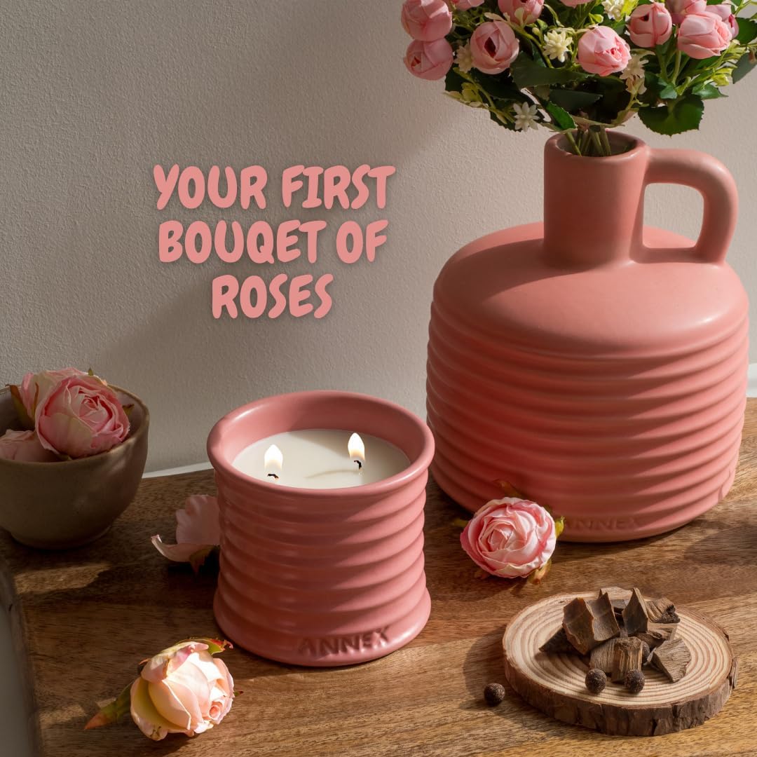 Scented Luxury Candles in Handmade Ceramic Jars, Soy Wax | Canal Rose – Rose Bud & Oud Scented, Large Candle | Non Toxic, 2 Wicks, Reusable Big Pink Jar | Natural Spring Aromatherapy for Women & Men - Image 2