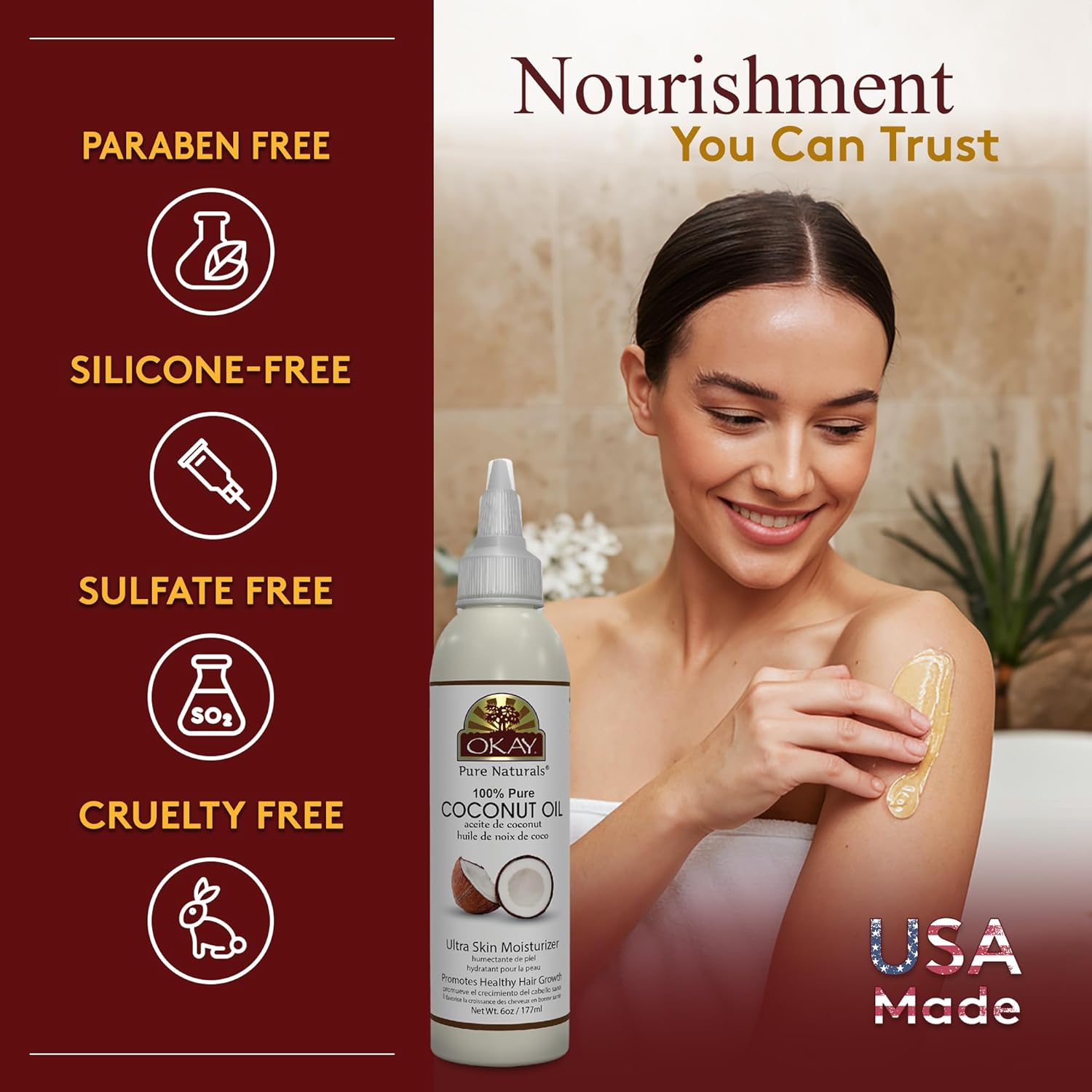Okay 100% Pure Coconut Oil for Hair & Skin - Coconut Oil for Women & Men, Perfect for Body & Face, for Massage & Moisturizer, Natural - 6 Fl Oz Squeeze Bottle (Pack of 1) - Image 5