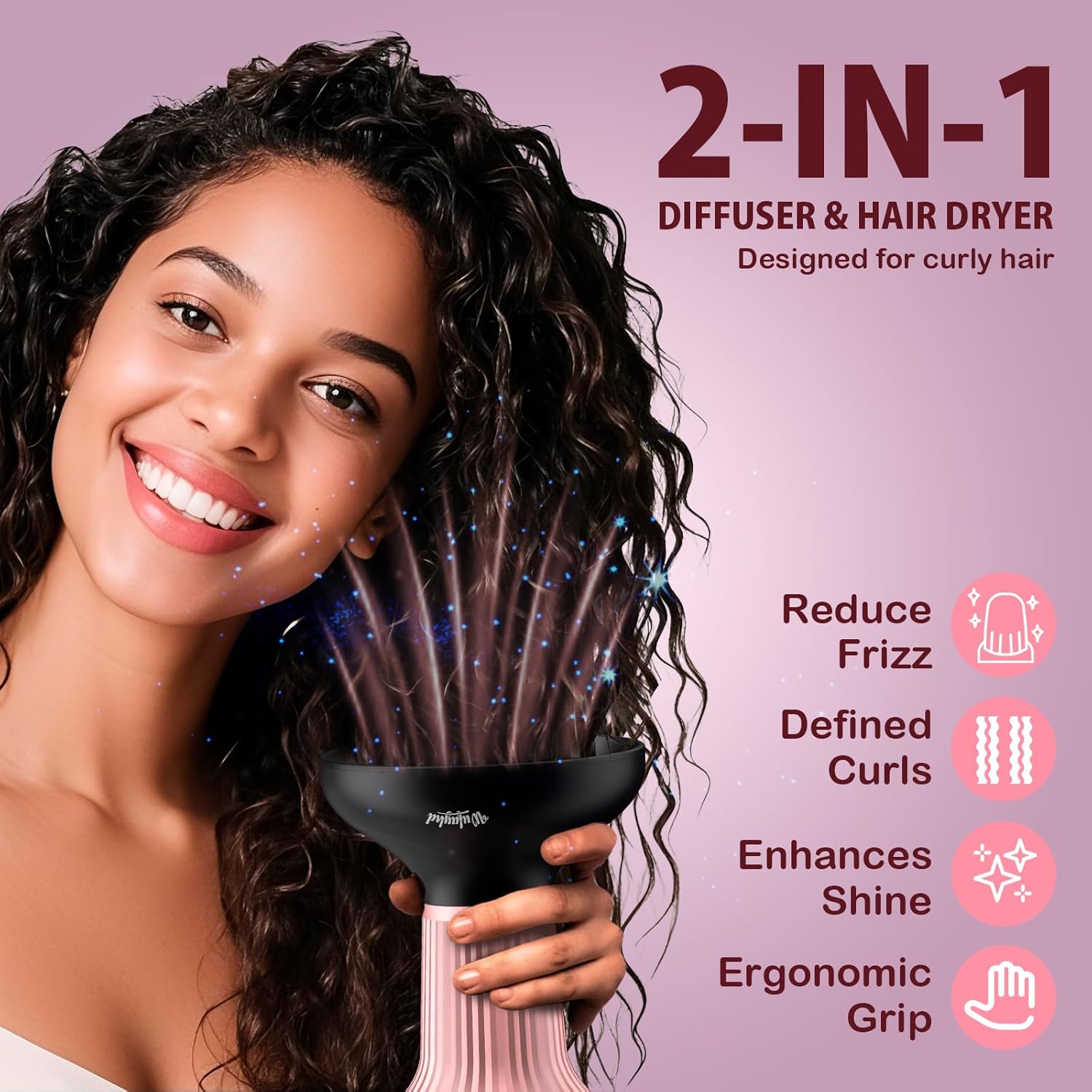 Diffuser Hair Dryer for Curly Hair: Professional 2 in 1 Diffuser & Hair Dryers with Ionic & Ceramic Technology for Wavy Hair Enhances Curls and Waves While Reducing Frizz, Gifts for Women - Image 2