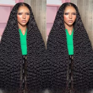 13x6 Deep Wave Lace Front Wigs - Human Hair Glueless Wigs - 200% Density HD Lace Front Wigs - Pre Plucked with Baby Hair - Wet and Wavy - Natural Black (30 Inch)