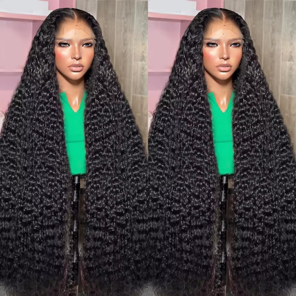 13x6 Deep Wave Lace Front Wigs - Human Hair Glueless Wigs - 200% Density HD Lace Front Wigs - Pre Plucked with Baby Hair - Wet and Wavy - Natural Black (30 Inch)